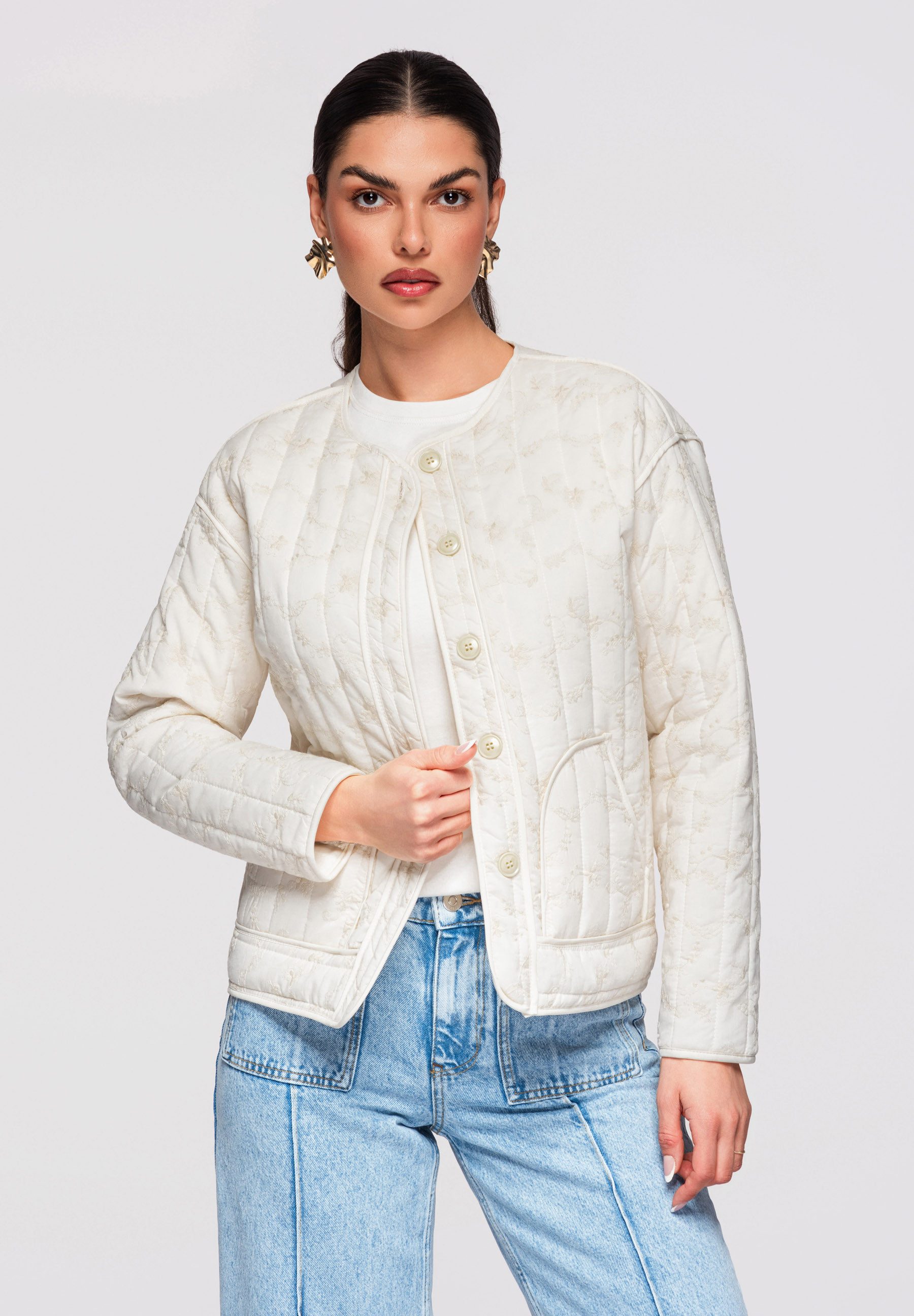 OMBRE Steppjacke Gesteppte Damenjacke in Hüftlänge mit botanischem Stickdetail