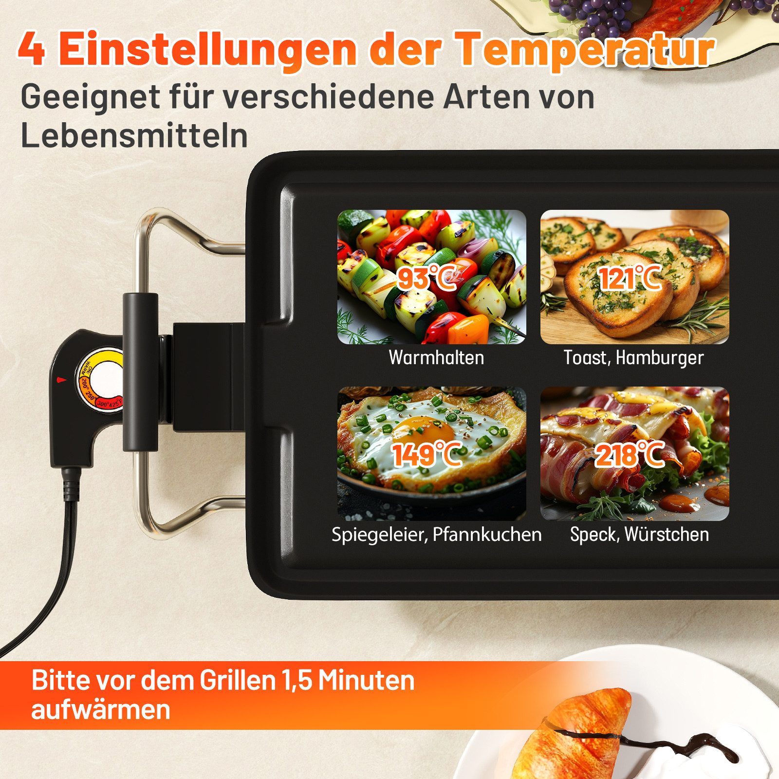 COSTWAY Warmhalteplatte, 1800W Elektrogrill mit Einstellbarer Temperatur, 90cm