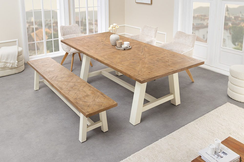 riess-ambiente Sitzbank HAMPTONS 200cm hellbraun / creme - Pinienholz, Bohlenoptik, Ablage (Einzelartikel, 1-St), MASSIVHOLZBANK - ideal für Esszimmer, Flur, Garderobe und Wohnzimmer