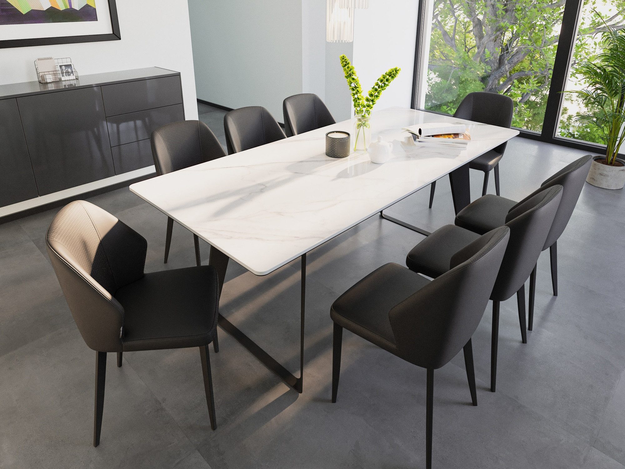 Magnolia Home Esszimmer-Set Esstisch Set FLORINT 200 weiße Keramikplatte mit 8 Stühlen Kunstleder