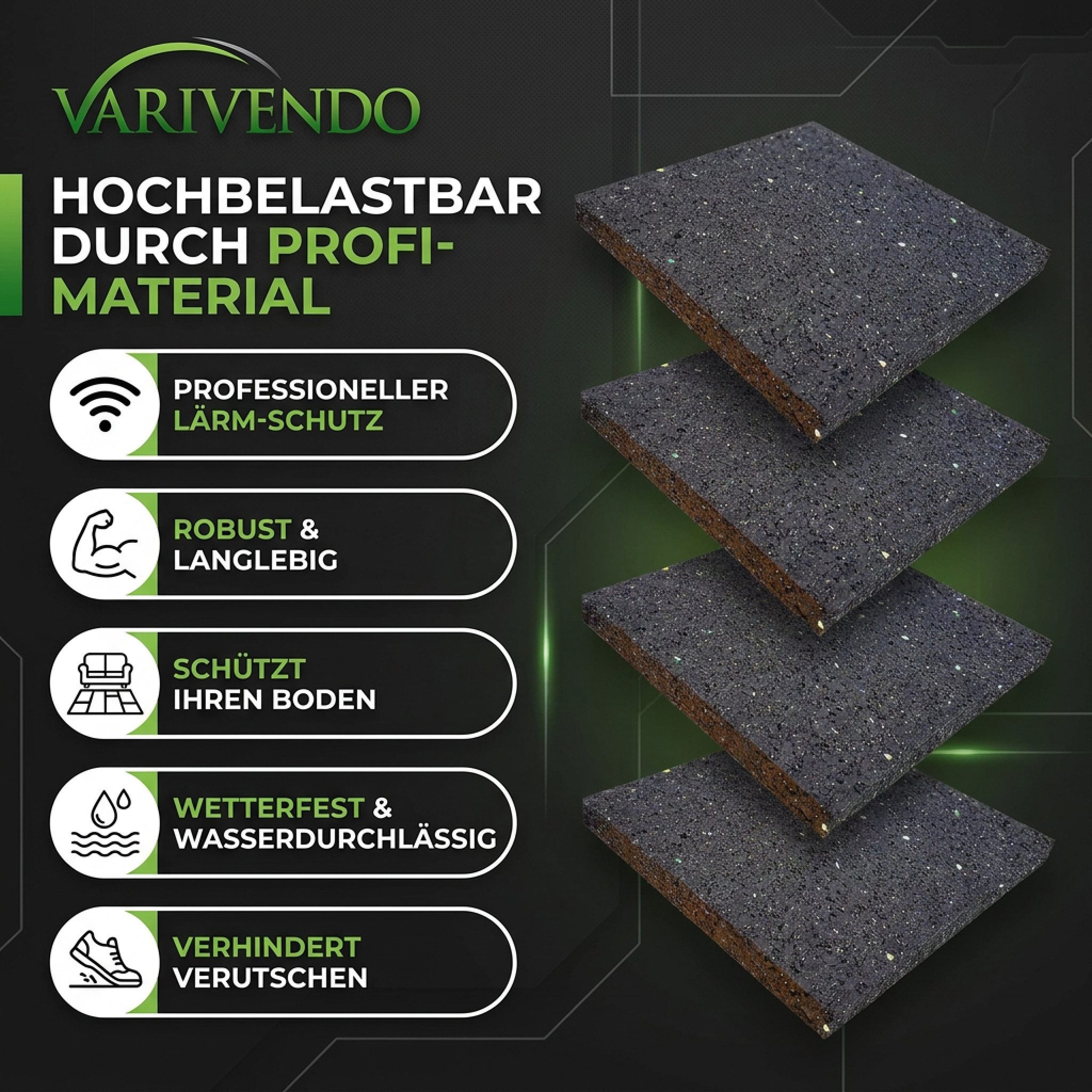 Regupol Vibrationsdämpfer 4x Vibrationsdämpfer Entkopplungsmatte Pads 100x100x10mm schwarz, (Set, 4-St., Vibrationsdämpfer), Unterlage Antivibration Ladungssicherung Gummipads