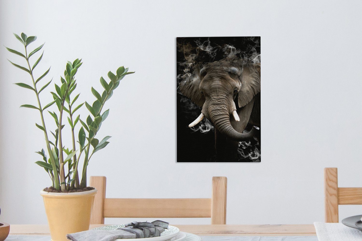 cm Zackenaufhänger, 20x30 Schwarz, St), Elefant Gemälde, Leinwandbild fertig Leinwandbild - (1 OneMillionCanvasses® bespannt Rauchen - inkl.
