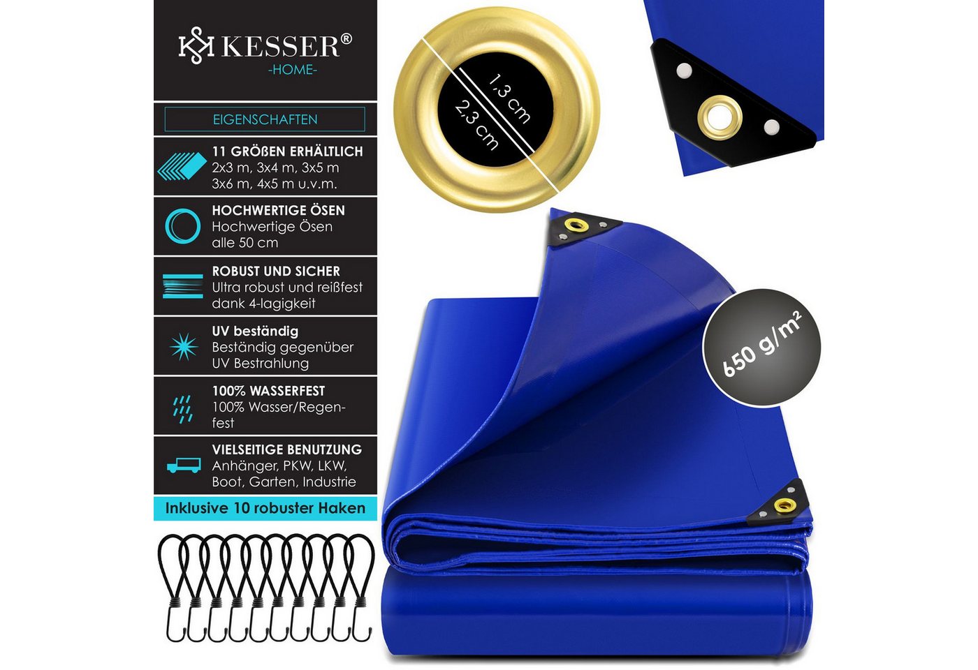 Thumbnail - KESSER Schutzplane, Premium Abdeckplane mit Ösen, 650 g/m² PVC wasserdicht