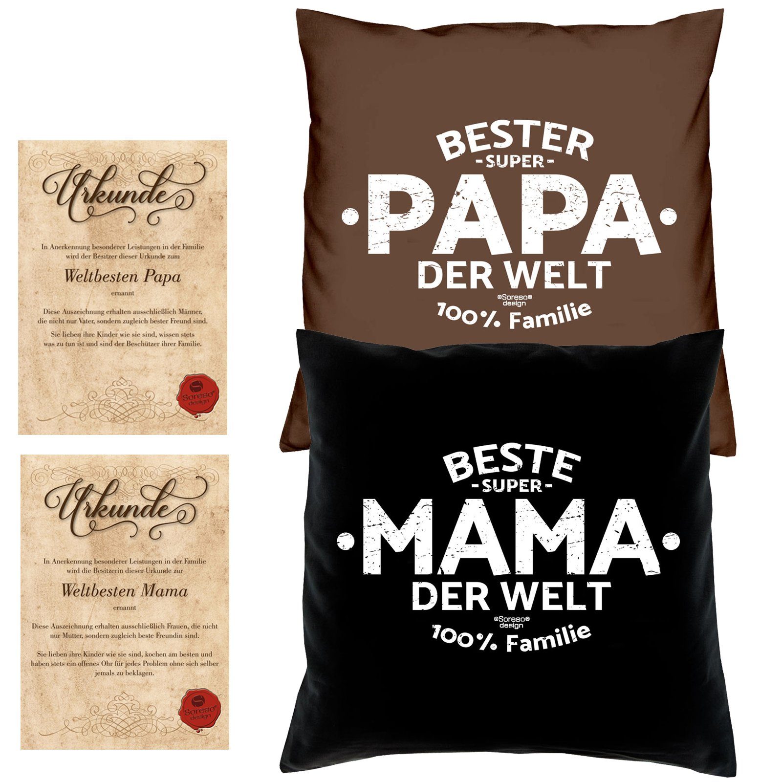 Soreso® Dekokissen Kissen-Set Beste Mama der Welt Bester Papa der Welt mit Urkunden, Weihnachtsgeschenk Geschenke Idee Eltern braun