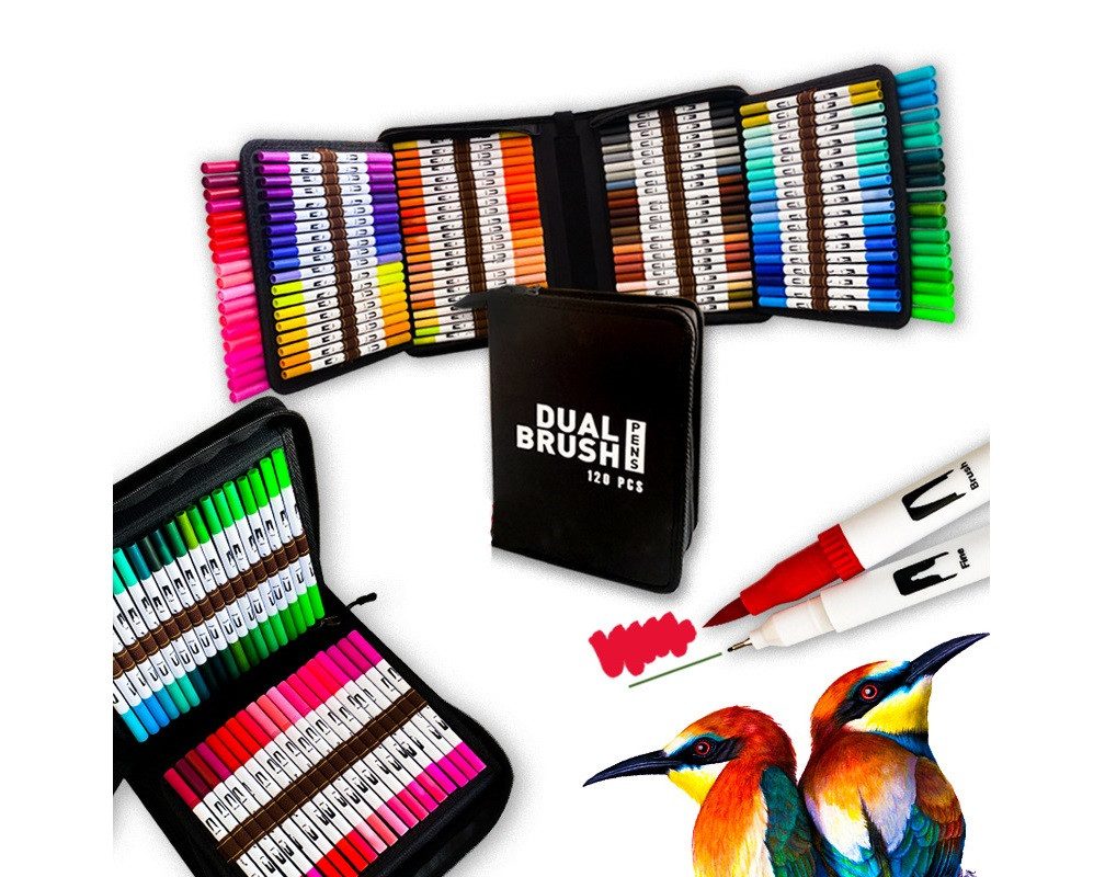 AURIVION Aquarellstifte Aquarellstifte 120 Farben, Dual Brush Pen Set für Künstler & Hobby, (Set, 120-tlg., Malstifte dick & dünn, Schwarz enthalten, vielseitiges Brush Pen Set), Fasermaler und Fineliner, mit Tragetasche