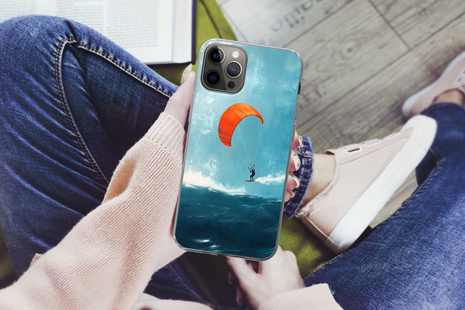 MuchoWow Handyhülle für Apple iPhone 12 Pro Kitesurfer - Orange - Meer - Himmel, Smartphone-Bumper, Print, Handy Schutzhülle Dünn