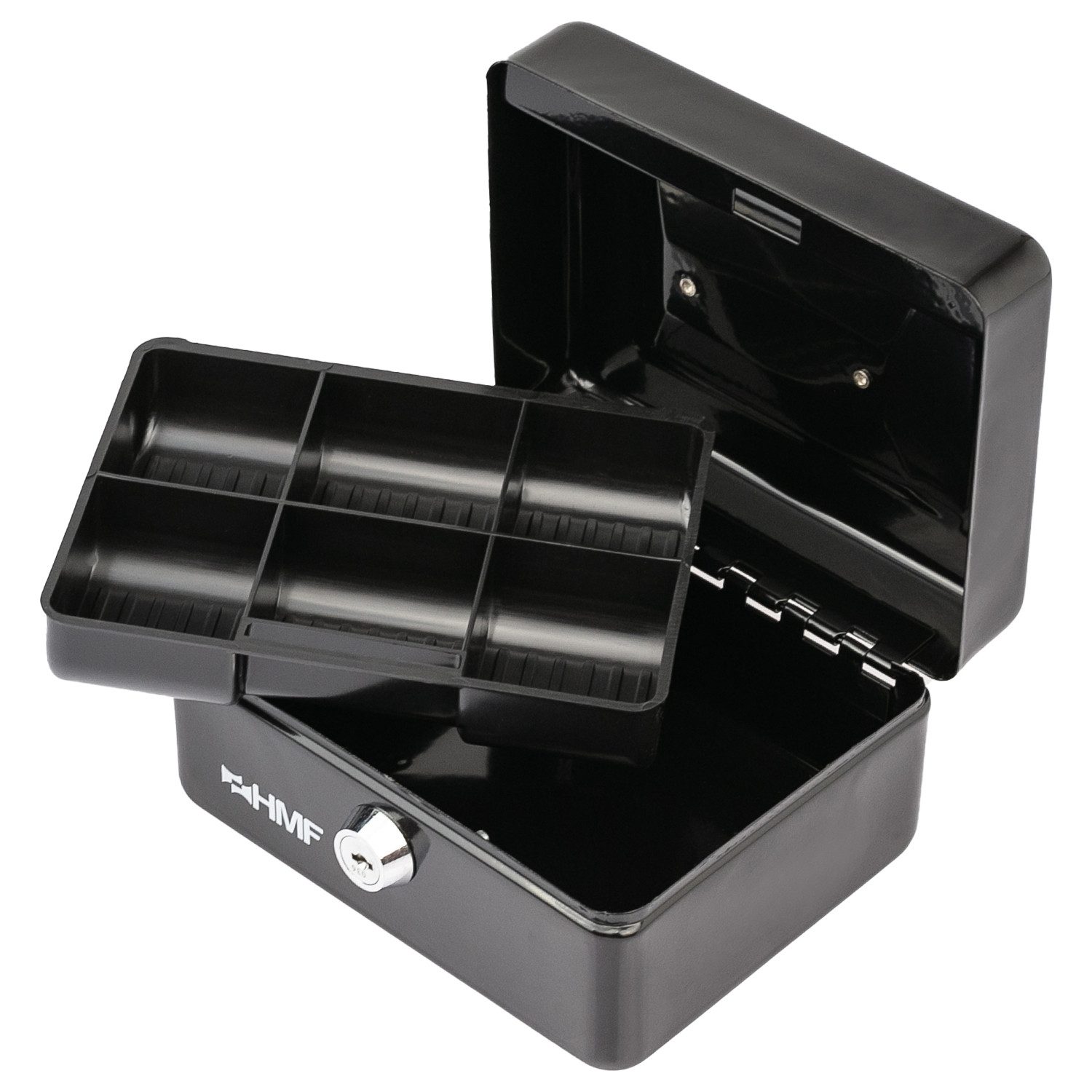 HMF Geldkassette Geldkassette abschließbar, Kasse mit Münzeinsatz, Geldkasse mit 6 Münzfächern 15 x 12 x 8 cm Schwarz