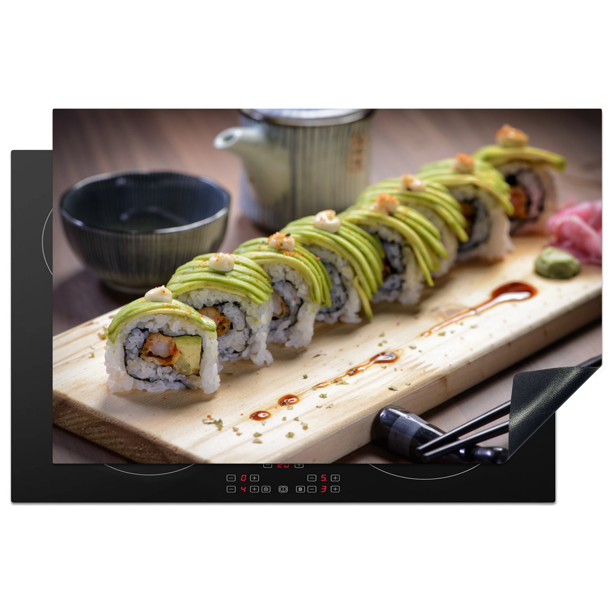 MuchoWow Herdblende-/Abdeckplatte Japanische Sushi auf einem Tablett, Vinyl, (1 tlg), 81x52 cm, Induktionskochfeld Schutz für die küche, Ceranfeldabdeckung