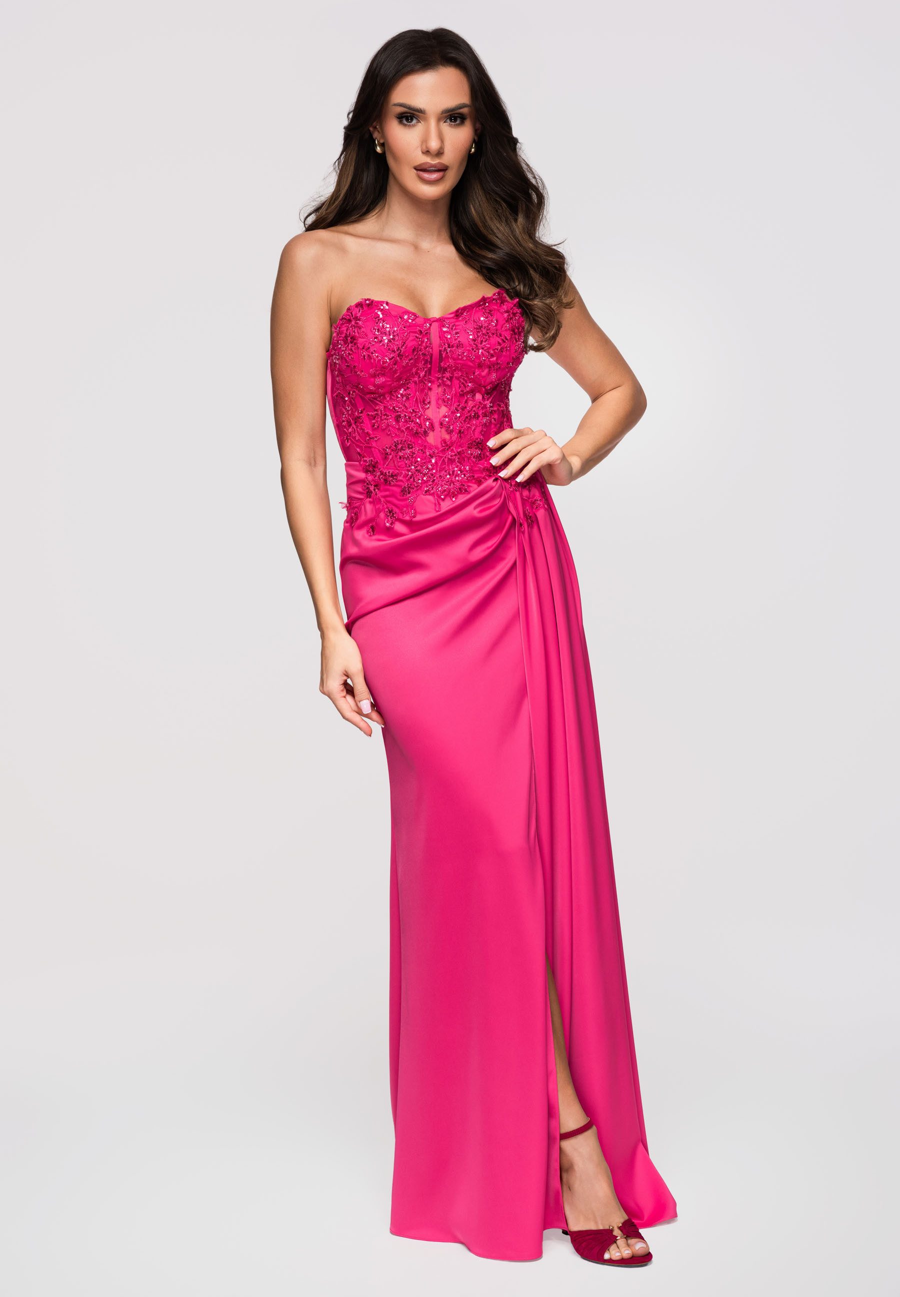 OMBRE Abendkleid Damen Abendkleid Maxi mit herzförmigem Ausschnitt Fuchsia L (kein Set, 1-tlg)