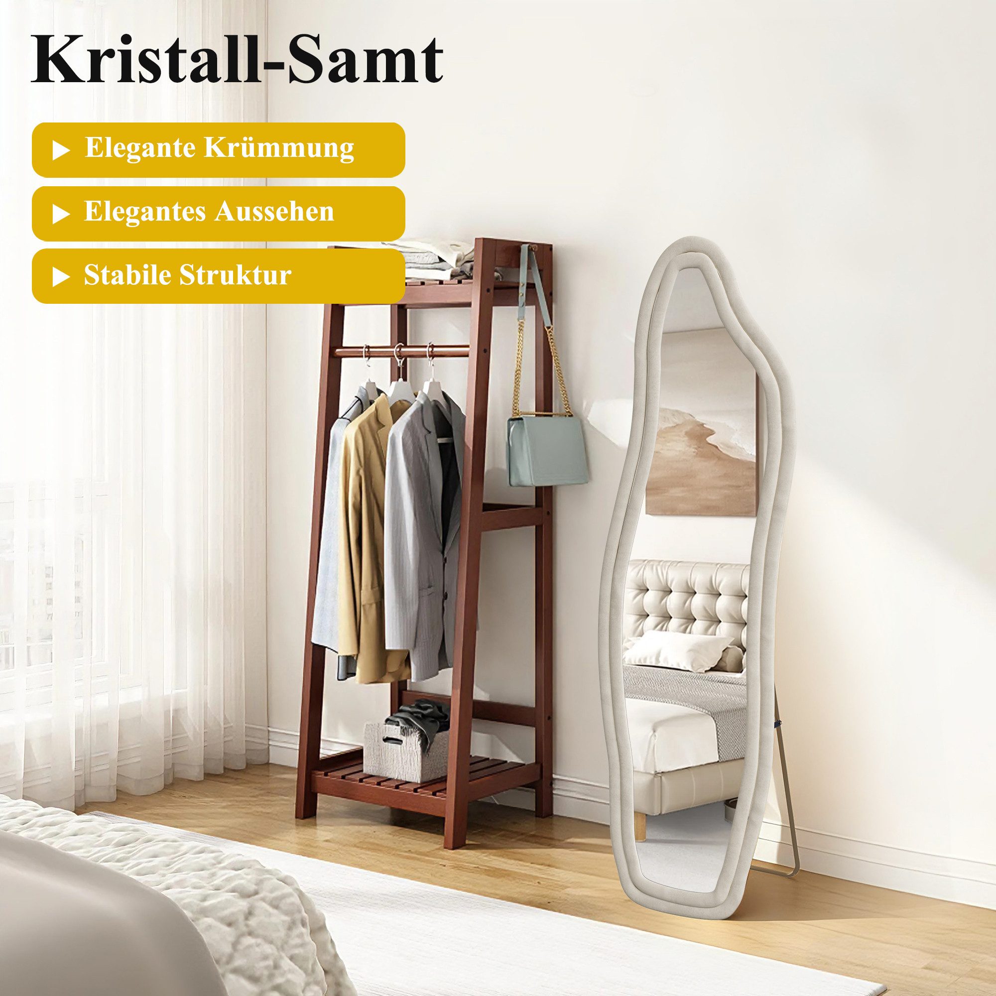 FUROKOY Ganzkörperspiegel Standspiegel mit Kristall-Samt Rahmen und verstarktem Glas, Asymmetrisch Wandspiegel,160x50cm,Weiß,Rahmen – Bild 5 von 5