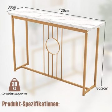 COSTWAY Konsolentisch, Mamor, schmal, Metallgestell, gold, 120x30x80,5cm