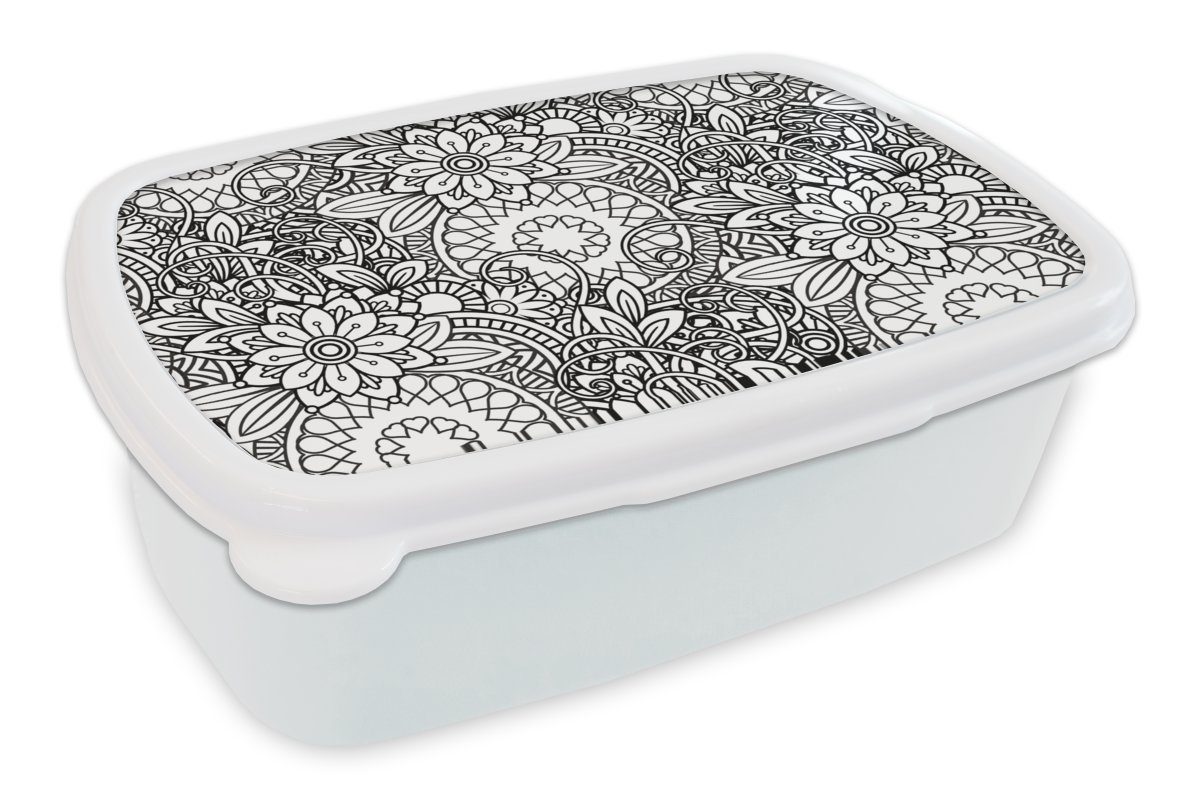 MuchoWow Lunchbox Mandala - Zentangle - Muster, Kunststoff, (2-tlg), Brotbox für Kinder und Erwachsene, Brotdose, für Jungs und Mädchen weiß
