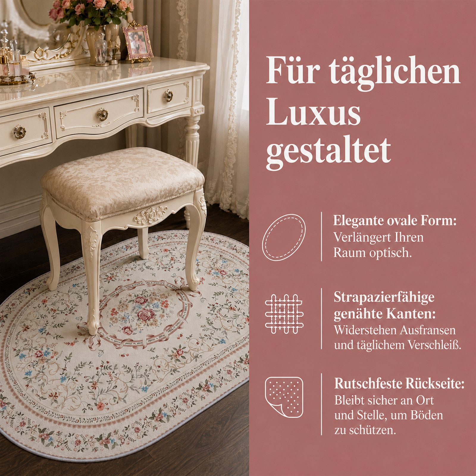 Youyijia Teppich Samtteppich Oval 227x160cm, Vintage Blumenteppich Wohnzimmer – Bild 2 von 5