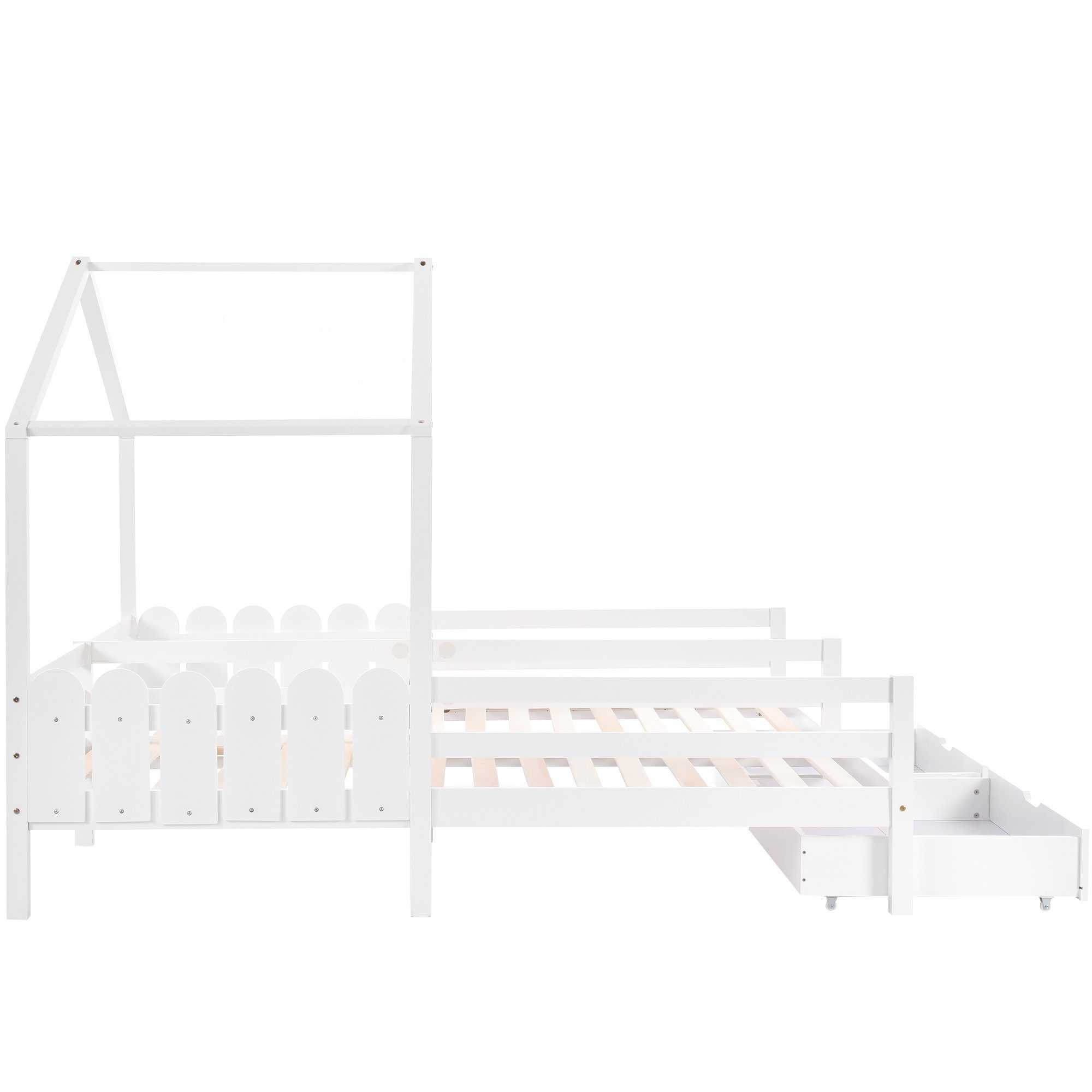 Kinderbett (Jugendbett mit Lattenrost), Hausbett 90x200 cm mit zwei Liegefläche, Schubladen und Rausfallschutz