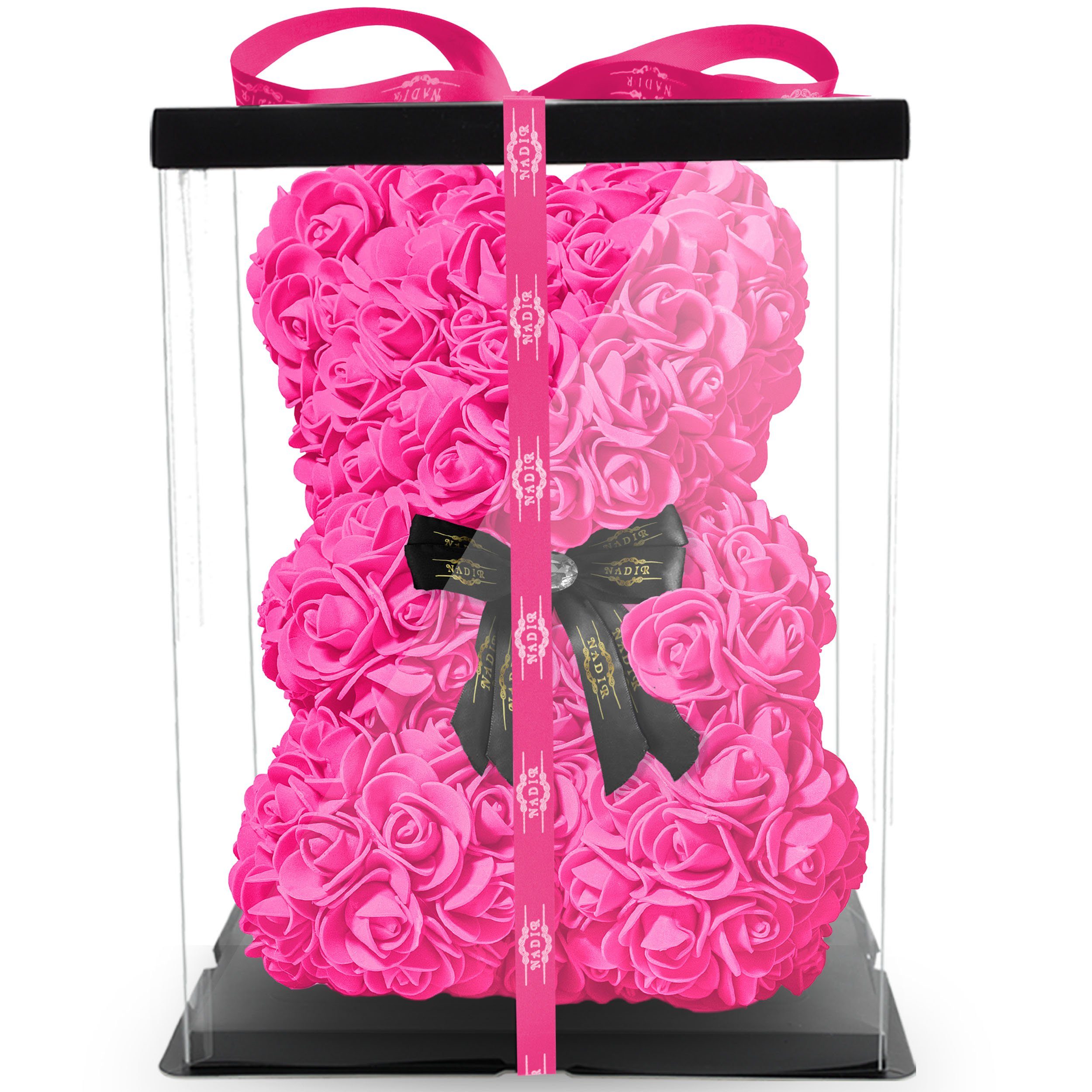 Kunstblume NADIR Rosenbär 25 cm mit Schleife / inklusive vorverpackter Geschenkbox/ Valentinstag Muttertag Geburtstag Jahrestag Infinity Rosebear Bär aus Rosen Flower Teddy Teddybär Blütenbär Künstliche Pflanze, NADIR