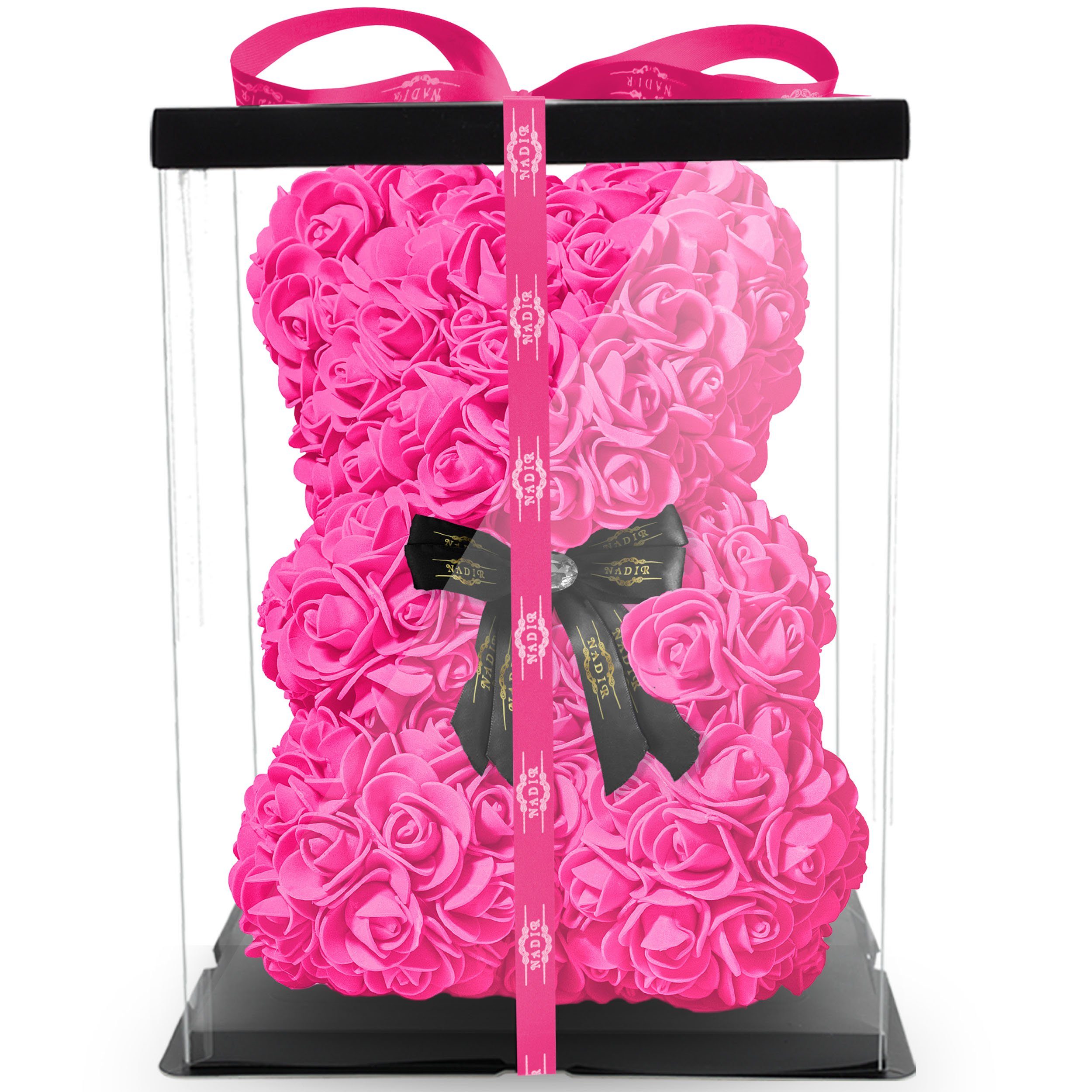 Kunstblume NADIR Rosenbär 25 cm mit Schleife / inklusive vorverpackter  Geschenkbox/ Valentinstag Muttertag Geburtstag Jahrestag Infinity Rosebear  Bär aus Rosen Flower Teddy Teddybär Blütenbär Künstliche Pflanze, NADIR