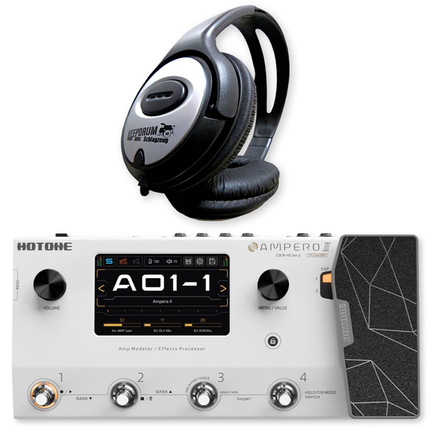 Hotone E-Gitarre Hotone Effektgerät Ampero II Amp-Modeler mit Kopfhörer, Digital, 1-St., Effektgerät, Vorteils-Set mit Kopfhörer