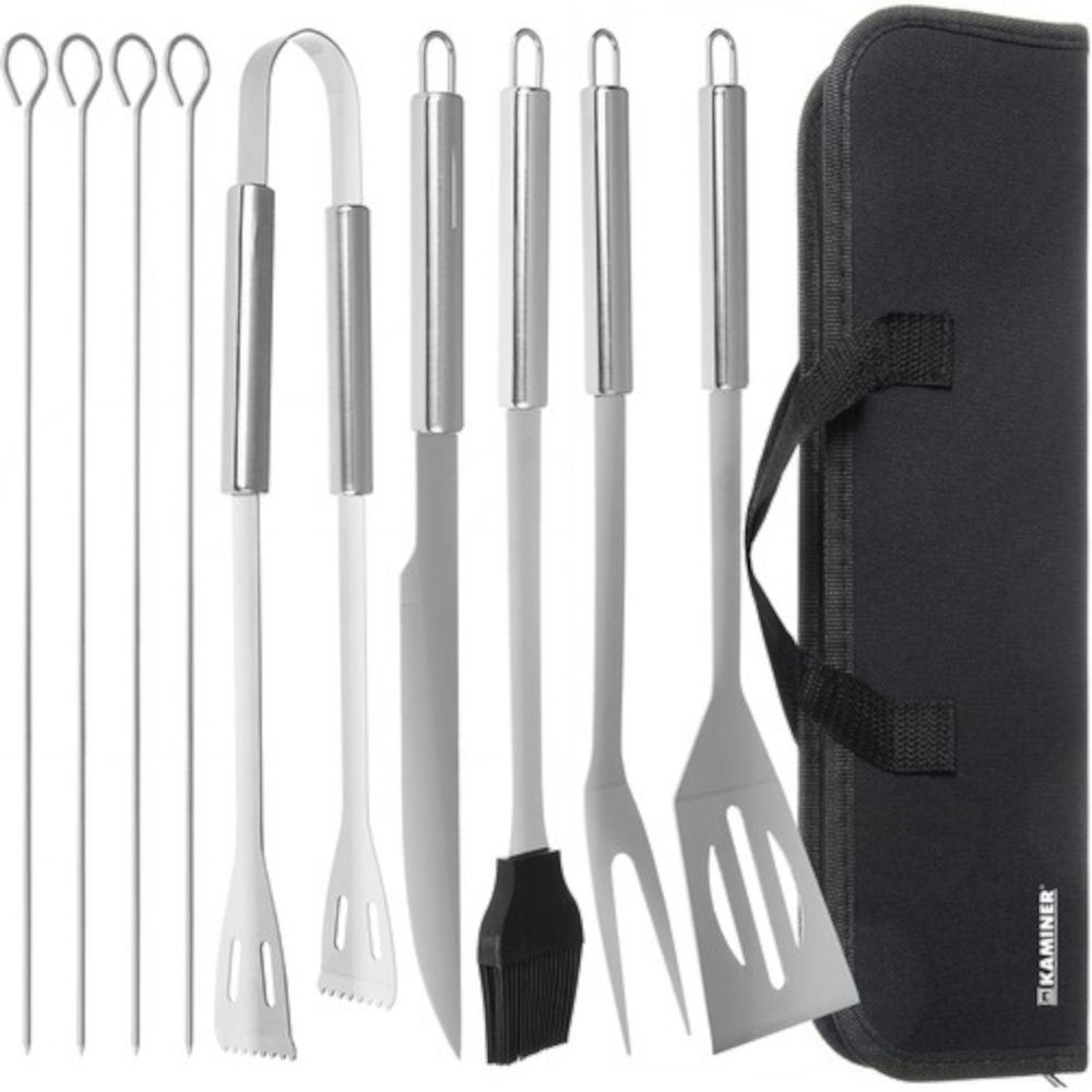 Kaminer Grillbesteck-Set 9er-Set tlg., Schulter, (Grillen, BBQ, inkl. Messer, 10 Tasche Gabel, schwarz), Grillzange, Grillbesteck