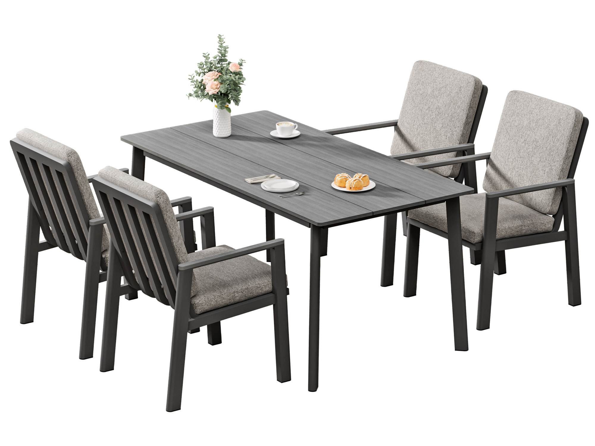 MeXo Gartenlounge-Set Garten Essgruppe für 4 Personen, (Gartenmöbel Set aus Aluminium, 5-tlg., mit PS-Tisch & bequemen Sesseln inkl. Kissen), Ideal für Garten, Terrasse & Balkon