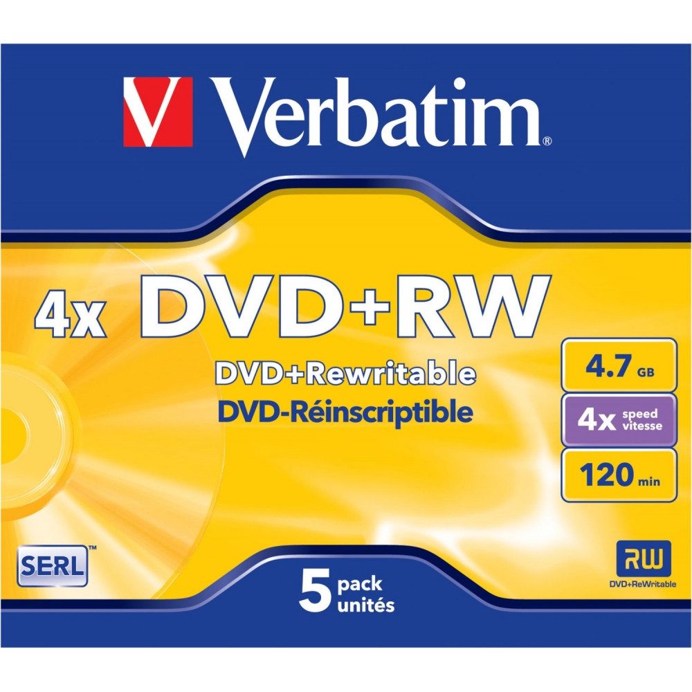 Verbatim Verbatim DVD+RW 4.7GB 4x im Jewelcase (5 Stück) - DVDs externer Speicher (4.7GB/120Min GB, Wiederbeschreibbare DVDs)