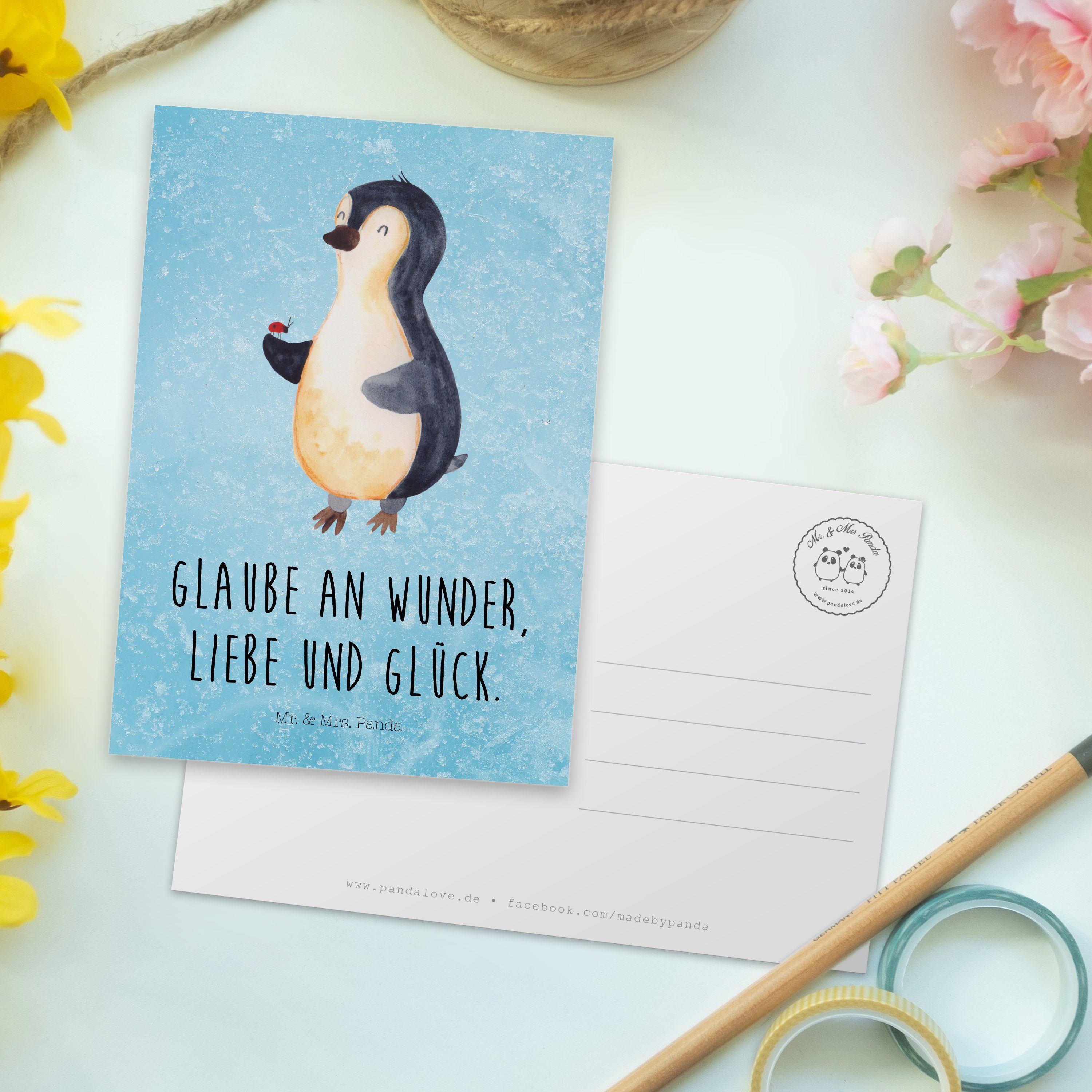 Mr. Geschenk, - & Panda Postkarte Mrs. - Lebensfreude, Marienkäfer Eisblau Pinguin Dankeskarte