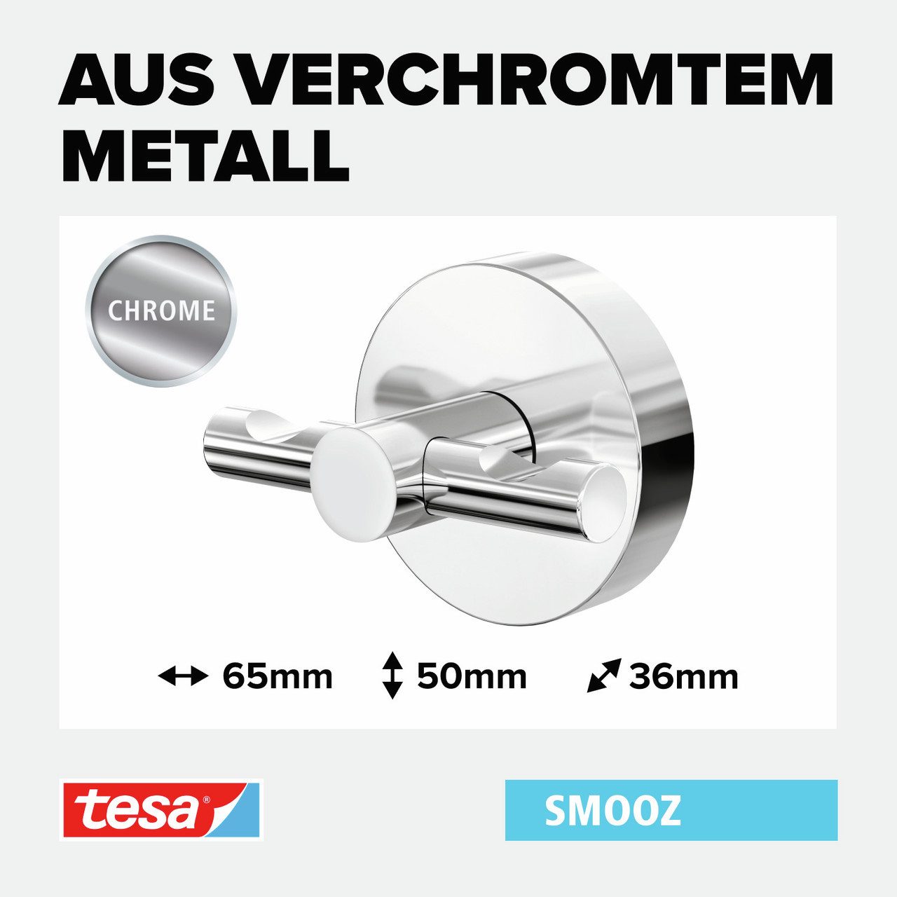 tesa Handtuchhalter 1 x SMOOZ Edelstahlhaken, chrom - silber glänzend - 6,3 cm : 5 cm : 5 cm