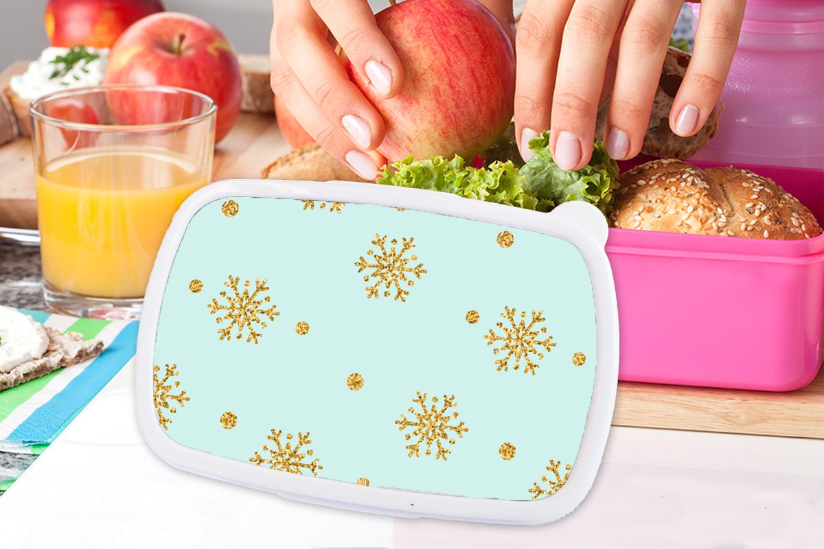 Brotdose Lunchbox Mädchen, Muster für Weihnachten (2-tlg), - Erwachsene, Snackbox, Kunststoff rosa Brotbox Kinder, - Schnee MuchoWow Kunststoff, Gold, -