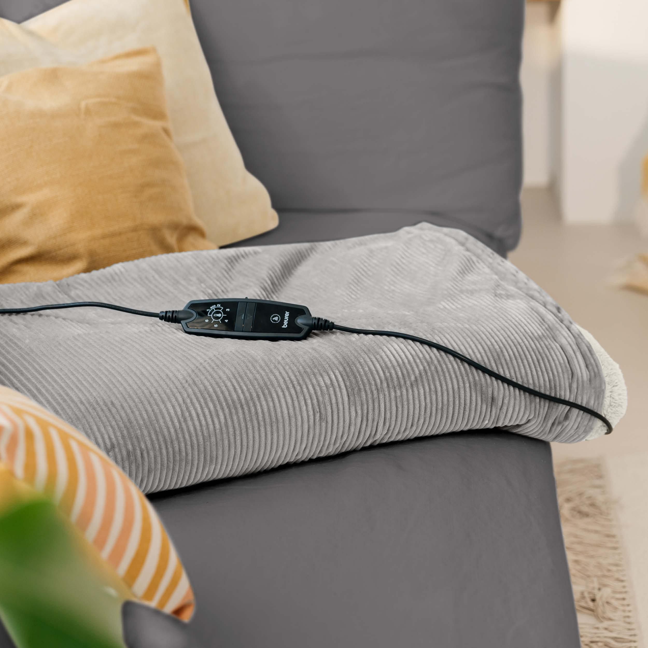 BEURER Heizdecke HD 81 Cord Light Grey Green Planet, aus recycelten Materialien, kuschelige Wärmedecke aus weichem Cord-Stoff mit 6 Temperaturstufen