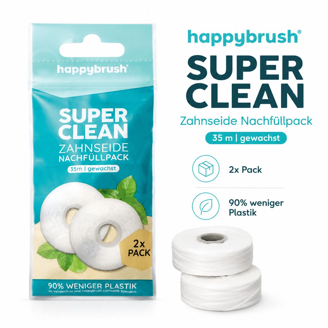 happybrush Zahnseide Zahnpflege 10er Set 35 m Rollen Minzgeschmack Zahnreinigung, Dental Zahnseide Rollen Set Mundhygiene Zahnzwischenraum Reinigung