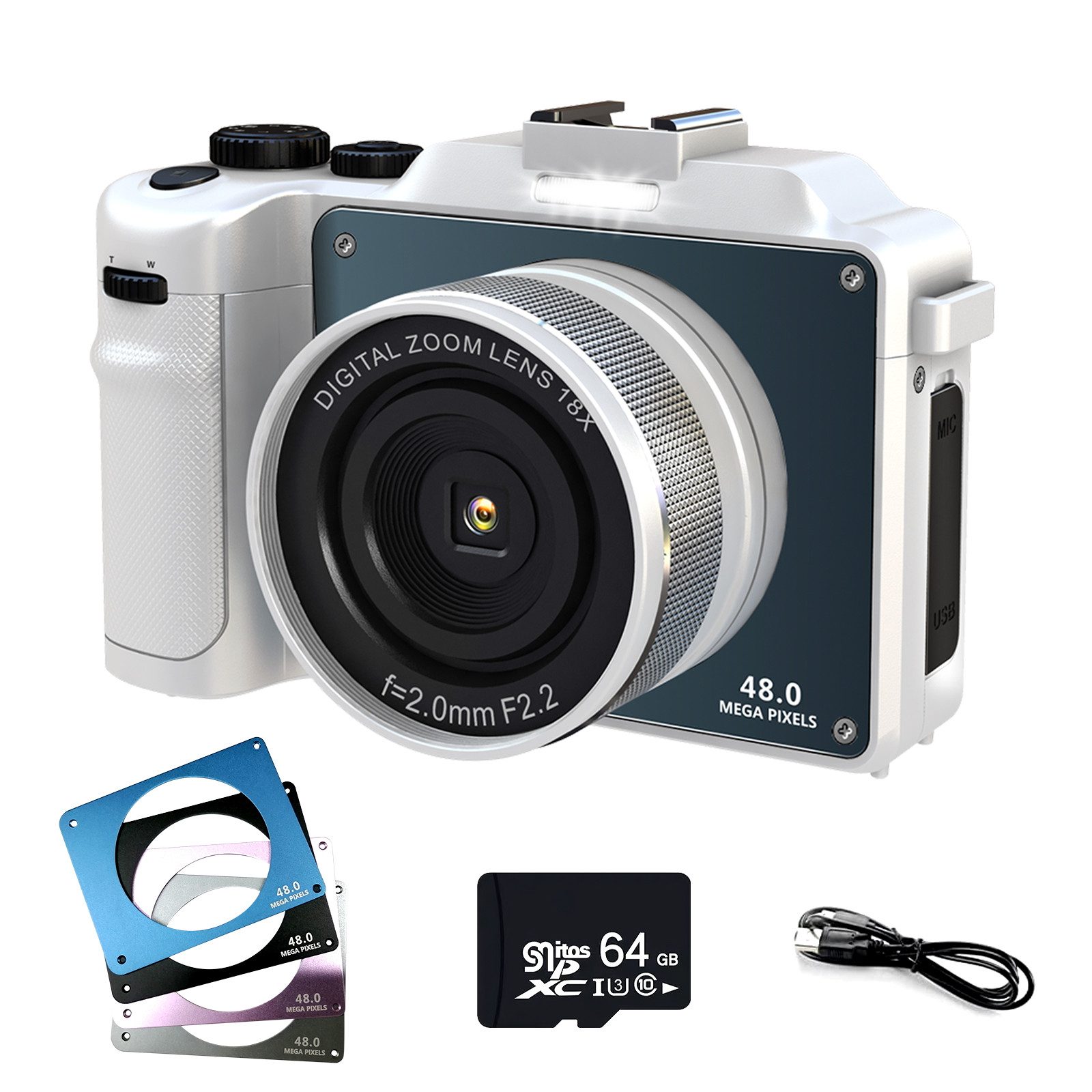 Fine Life Pro 48MP Digital Camera, 4K HD 1080P Photo Camera, Kompaktkamera (inkl. Built-in 7 Colour Filters, 18X Digital Zoom with, Two Cameras on the Front and Back, 64GB TF Card, WiFi Functionality)