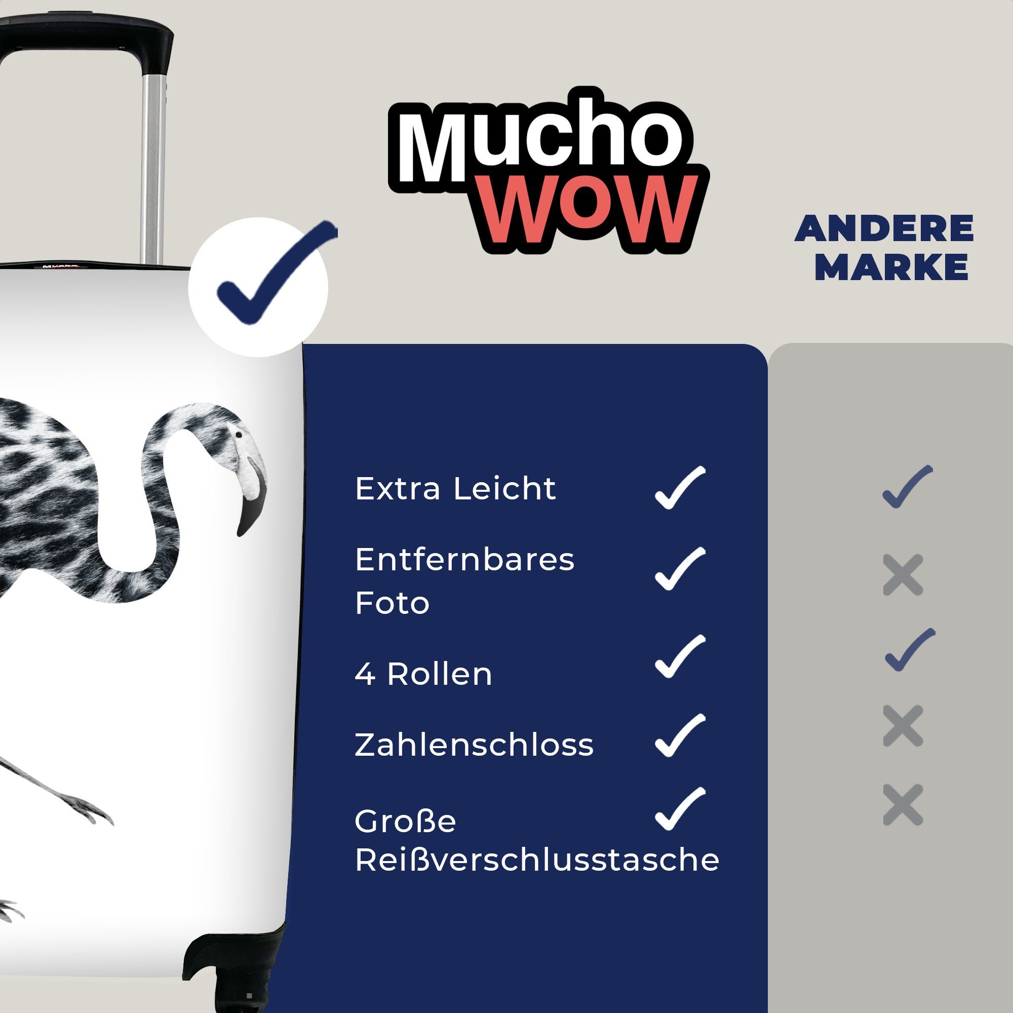 MuchoWow Handgepäckkoffer Flamingo Schwarz mit Reisekoffer Ferien, rollen, für Rollen, Reisetasche weiß Trolley, - - Handgepäck und 4 Pantherdruck