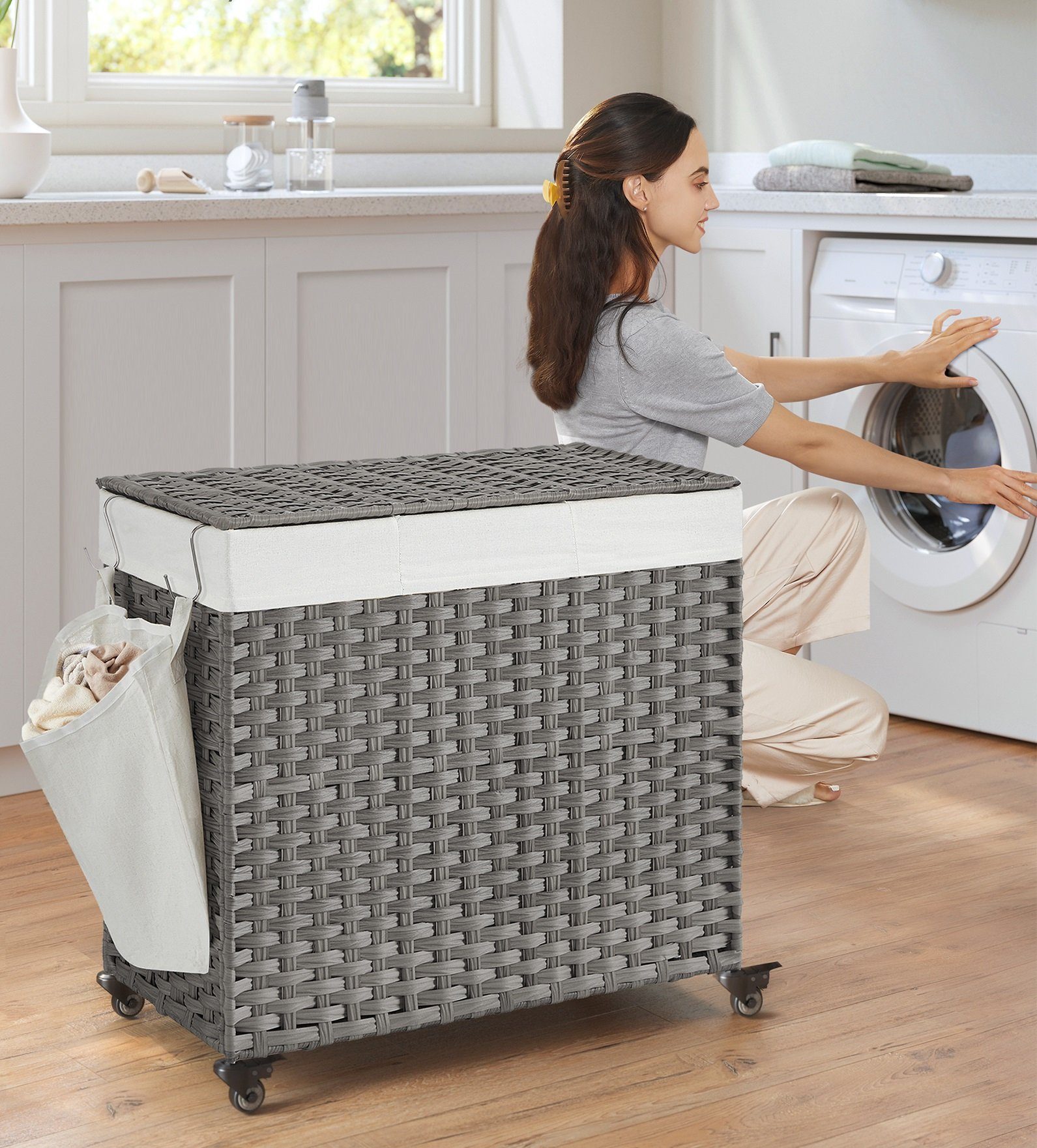 SONGMICS Wäschekorb, 140 L, mit 3 Fächern, herausnehmbare Tasche, Griffe günstig online kaufen