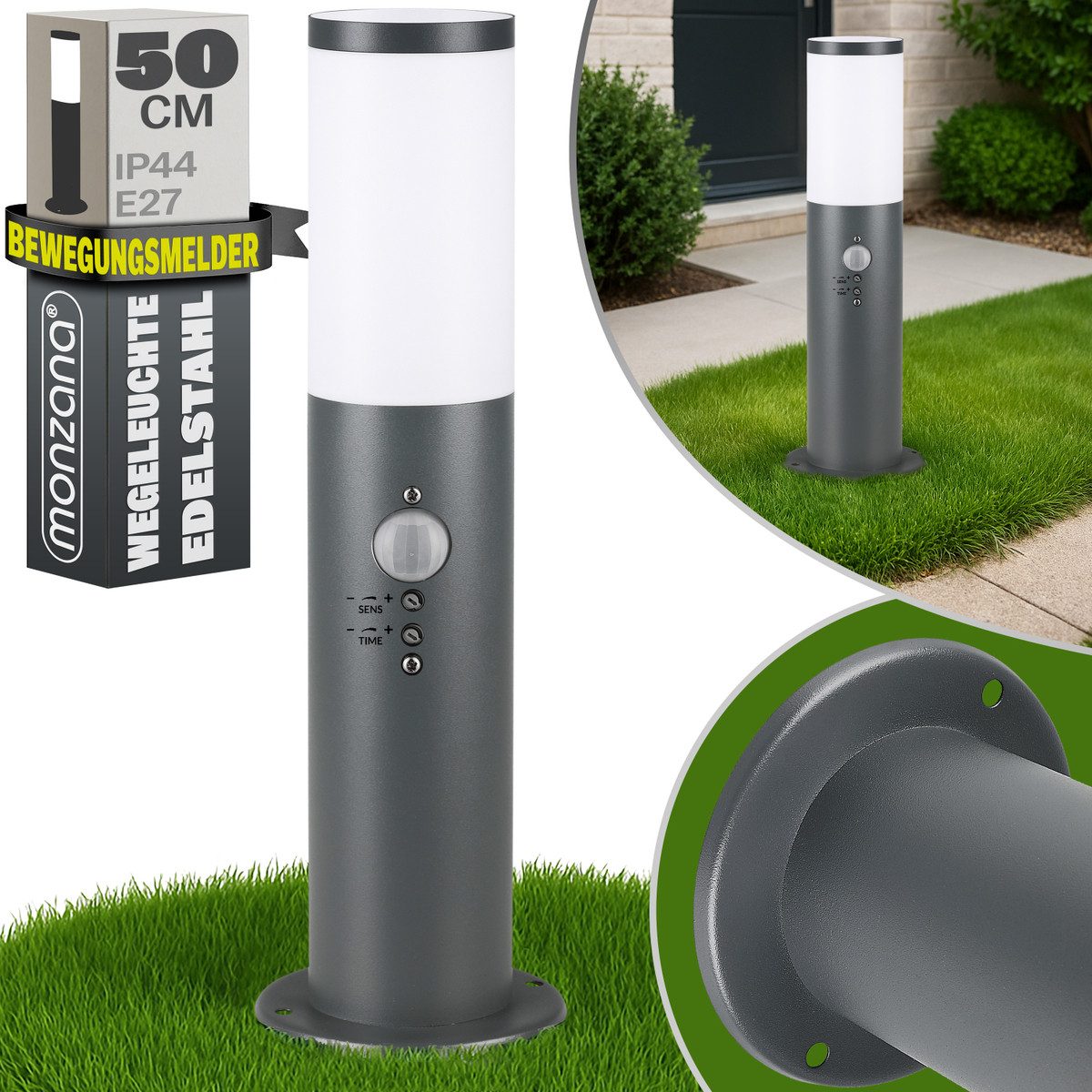 monzana Gartenleuchte, Außenleuchte mit Bewegungsmelder, Einstellbar Edelstahl 50cm IP44 Außenlampe Wegeleuchte Außen Anthrazit