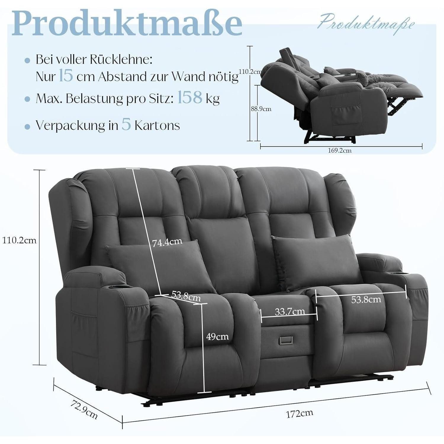 LuxusKollektion Loveseat 2 Sitzer Kinosofa Klappkonsole Grau (Prägung) 172cm Zweisitzer