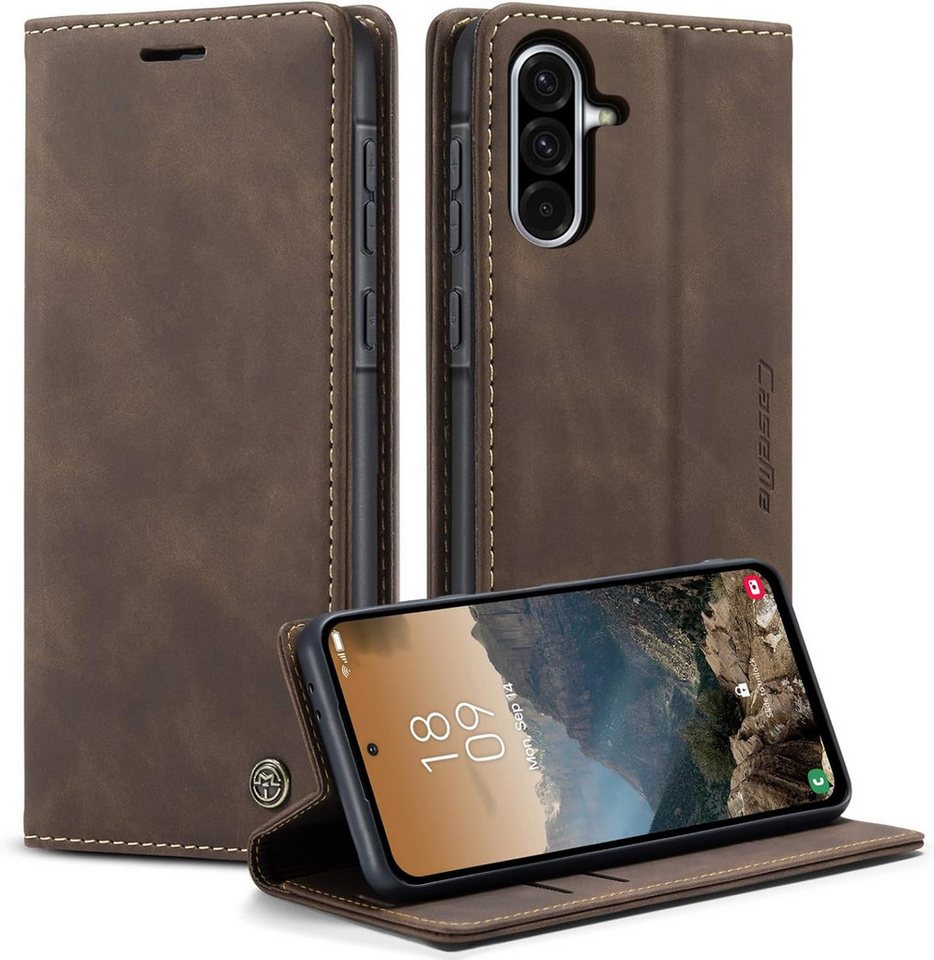 CaseMe Handyhülle Premium Hülle für Samsung Klapphülle Samsung A57 5G-Dunkelbraun