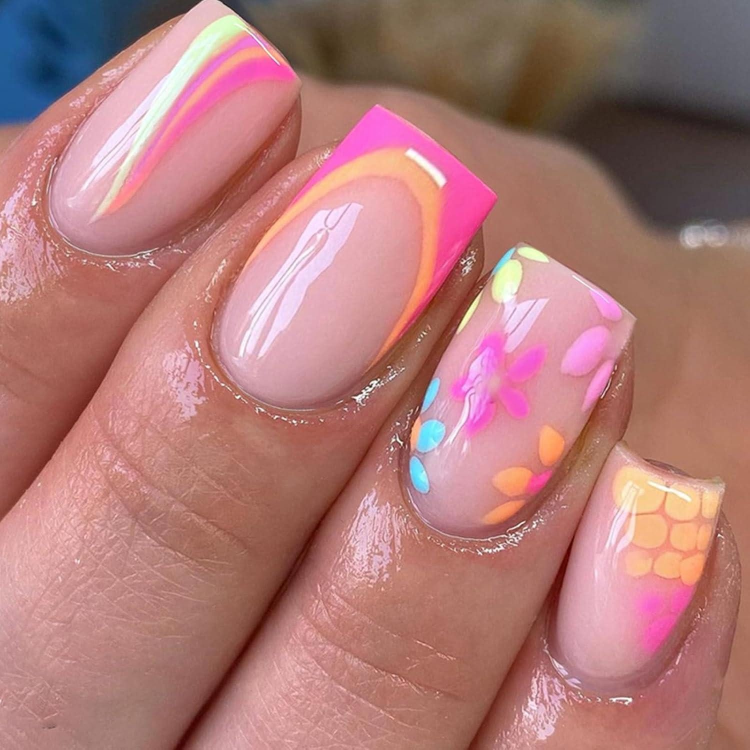 Kunstfingernägel 24 Stück Nägel Eckig Kurz Blumen Press on Nails Full Cover Kunstnägel