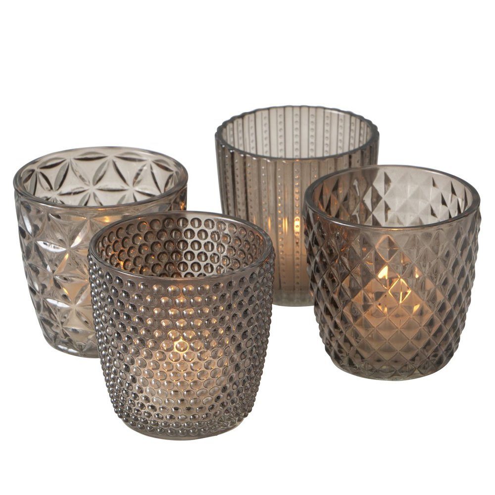 BOLTZE Windlicht 4tlg. Windlicht MARILU grau dunkelgrau Muster geriffelt aus Glas (4 Mo (Set, keine)