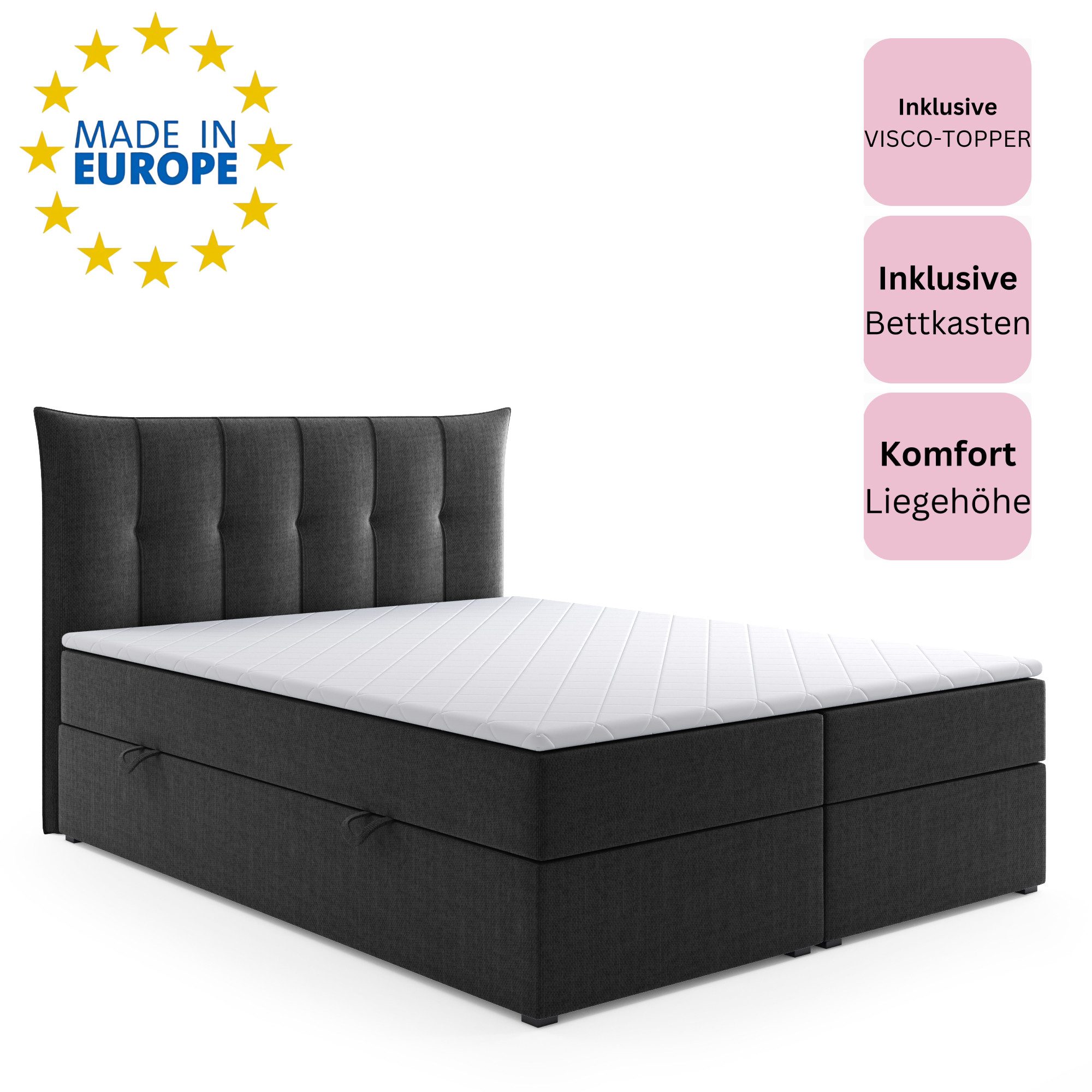 M-Punkt24 Boxspringbett Padua (Grau oder Schwarz, 180 x 200 cm), inkl. Bettkasten und Visco Topper, inklusive Matratze