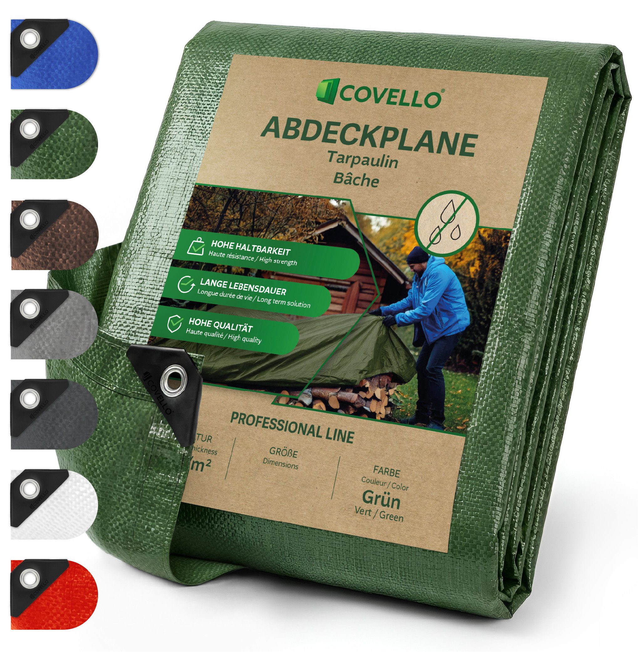 Covello Schutzplane 180g/m² grün, Abdeckplane mit Ösen wasserdicht, Plane UV-stabilisiert in vielen verschiedenen Farben & Größen
