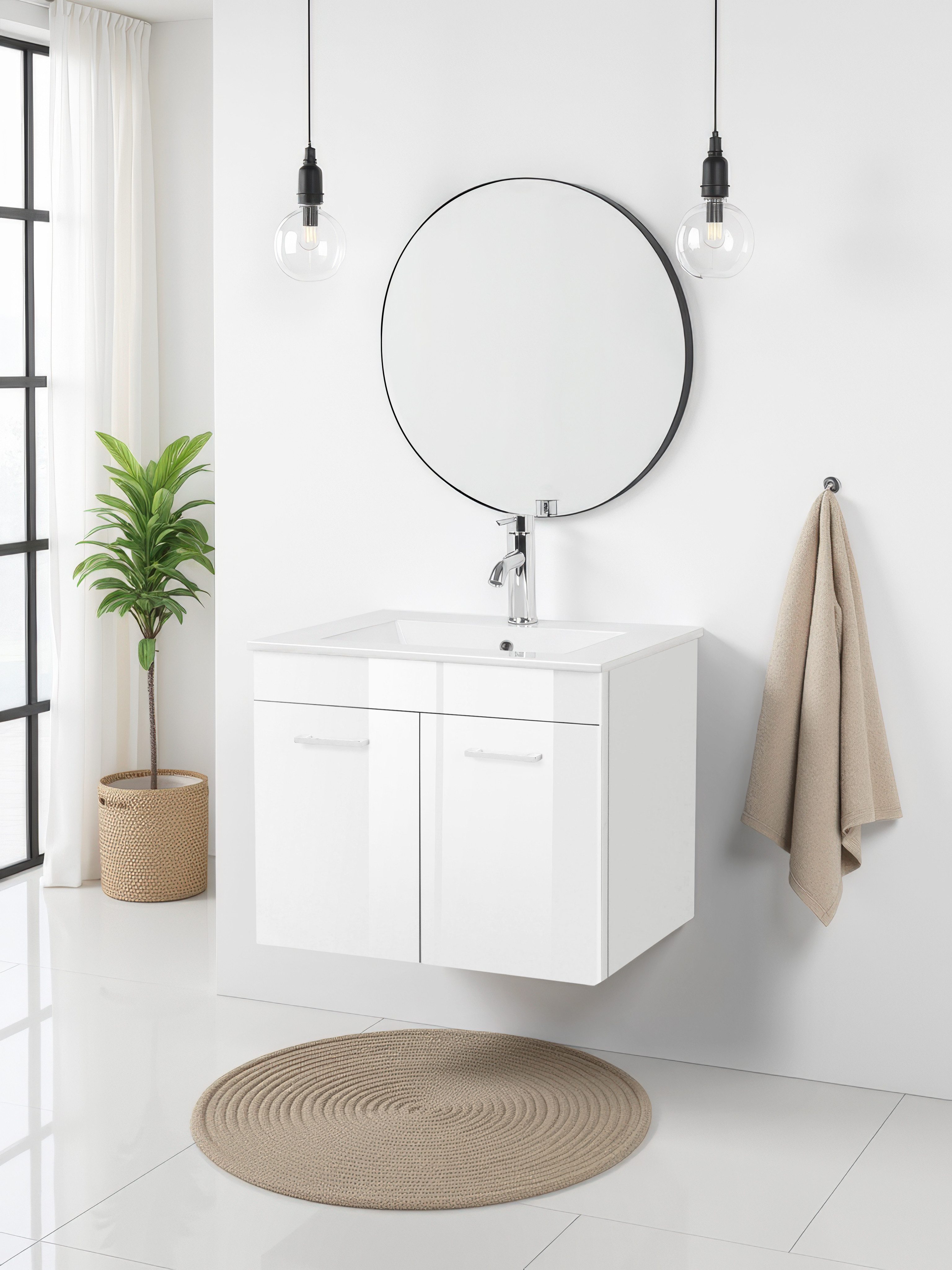 welltime Waschtisch Florenz, Breite 60cm, 2 Tür, 2 Fächer, MDF-Front (Set, Waschtisch inklusive Waschbecken), Waschplatz mit 2 Türen,in verschiedenen Farben erhältlich, Badmöbel