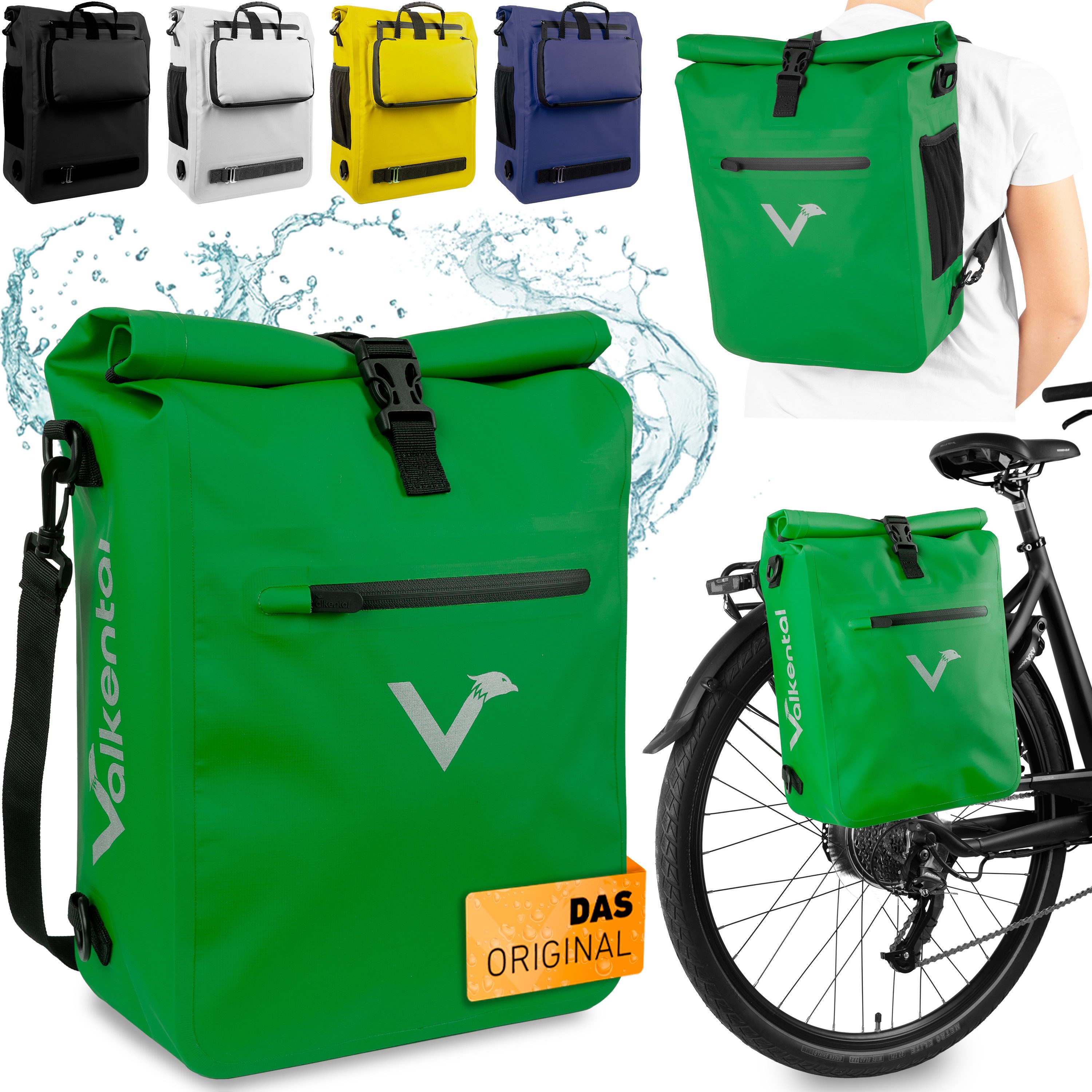 Valkental Fahrradtasche Gepäckträgertasche, Rucksack und Umhängetasche, 3in1 - wasserdicht & reflektierend 25 L