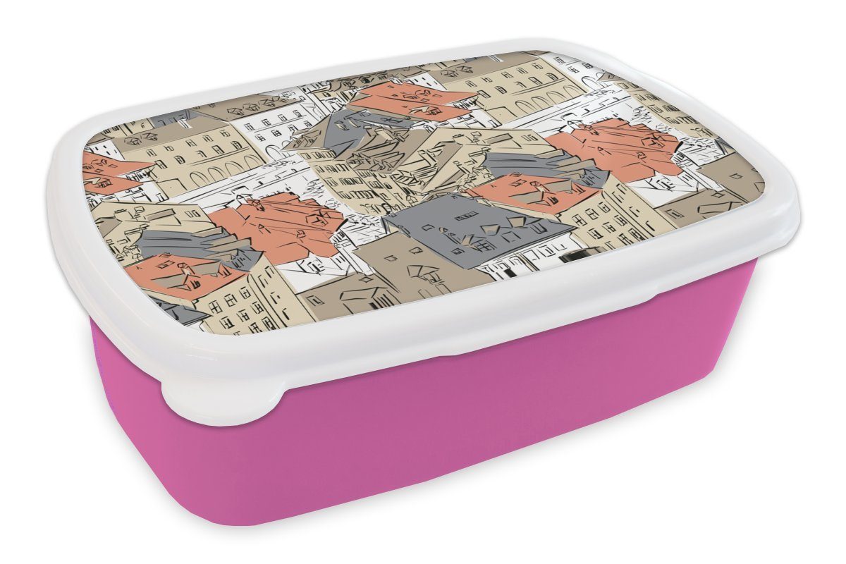 Muster MuchoWow (2-tlg), Kunststoff Gebäude - Kunststoff, Brotdose Kinder, Städte, rosa für - Brotbox Lunchbox Snackbox, Mädchen, Erwachsene,