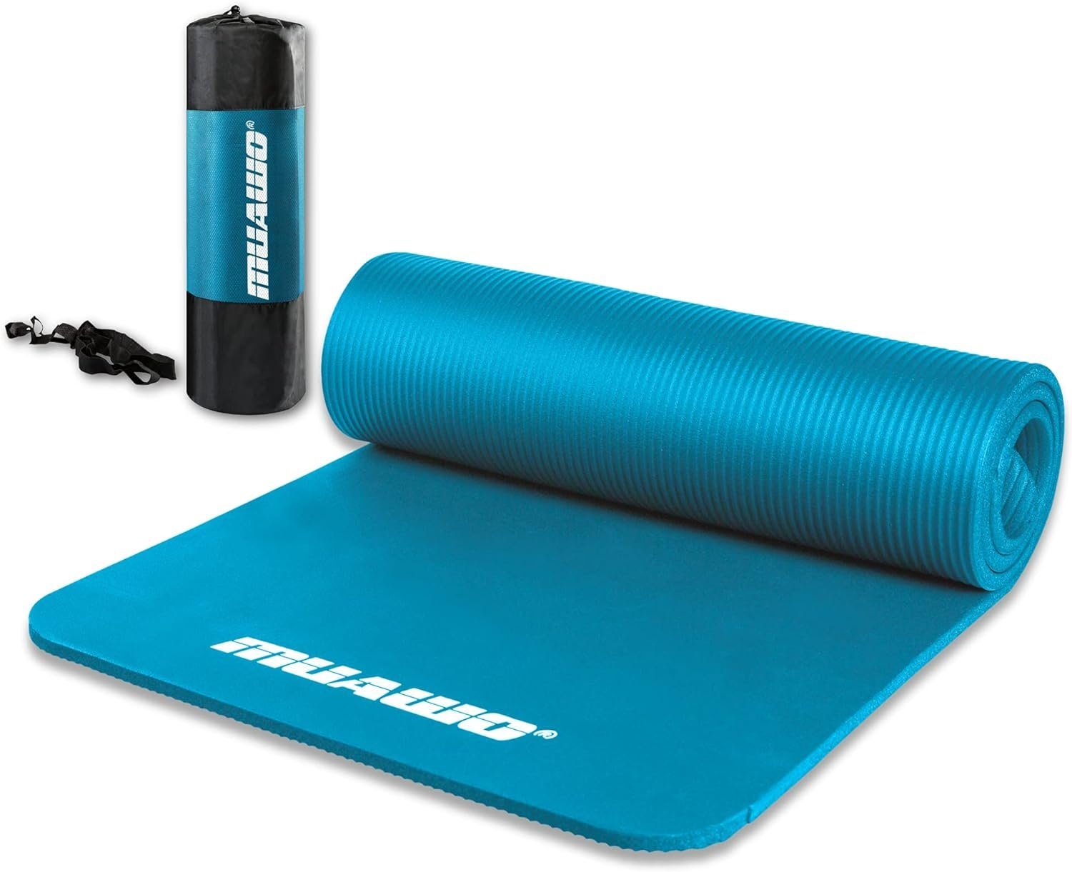 Muawo Fitnessmatte, Yogamatte, Sportmatte und Gymnastikmatte (mit Tragegurt und Trage-/ Aufbewahrungstasche), extra dick 15 mm & extra lang 190 cm, PHTHALATFREI, kein Chemie Geruch