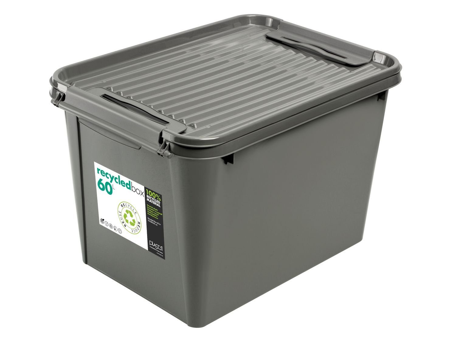 PLAST1 Aufbewahrungsbox Aufbewahrungsbox Recycled Deckel 60L Grau Allzweck Rollenbox