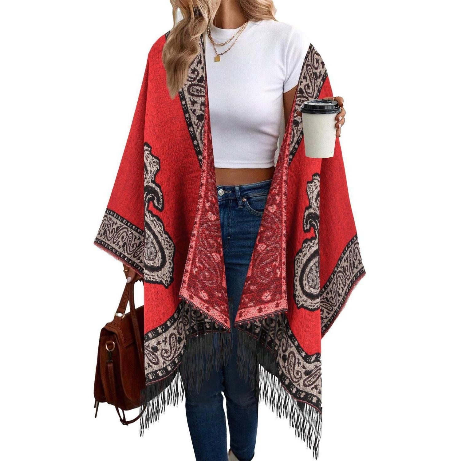 LuxusKollektion XXL-Schal Poncho Schal Bedruckt Retro-Stil Rot