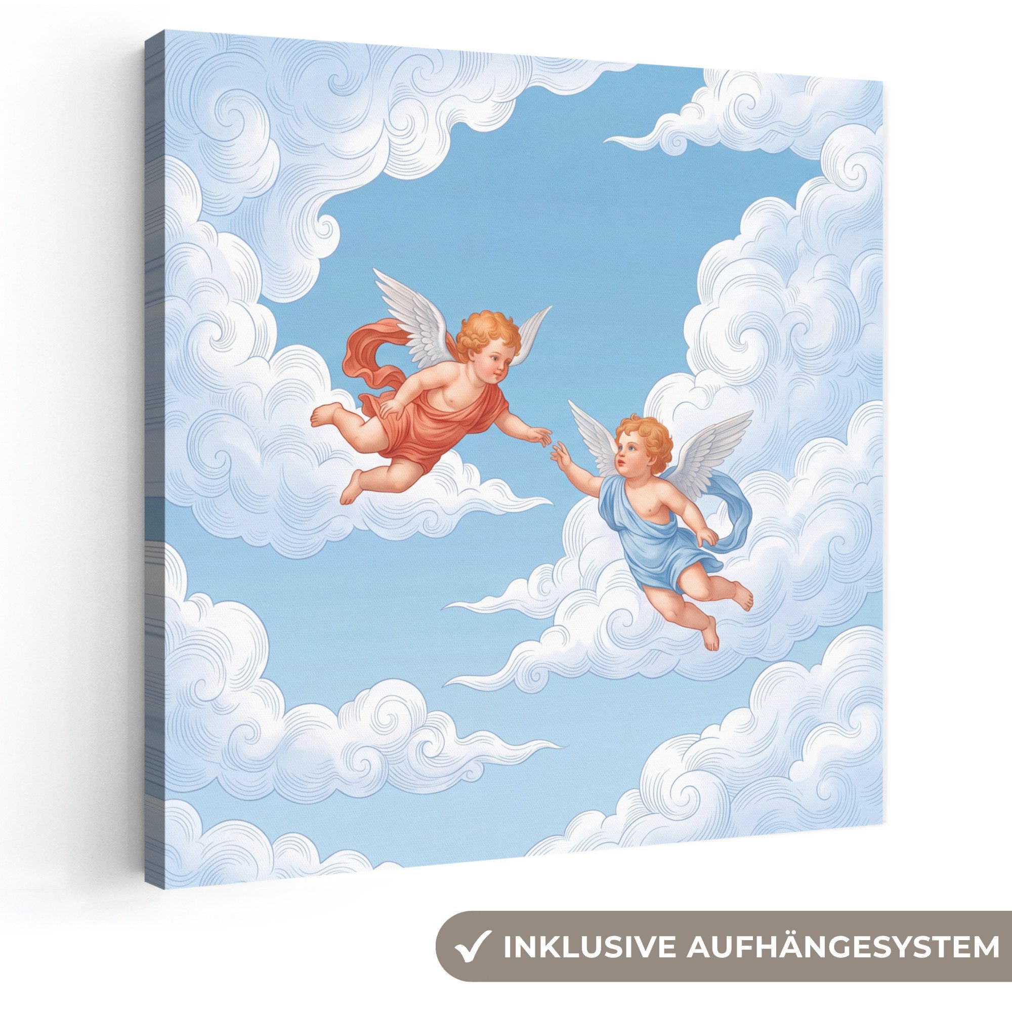OneMillionCanvasses® Leinwandbild Engel – fliegend – klassisch – blau, Fotodruck (1 St), Wandbild, Deko Schlafzimmer Wohnzimmer Flur 20x20 cm
