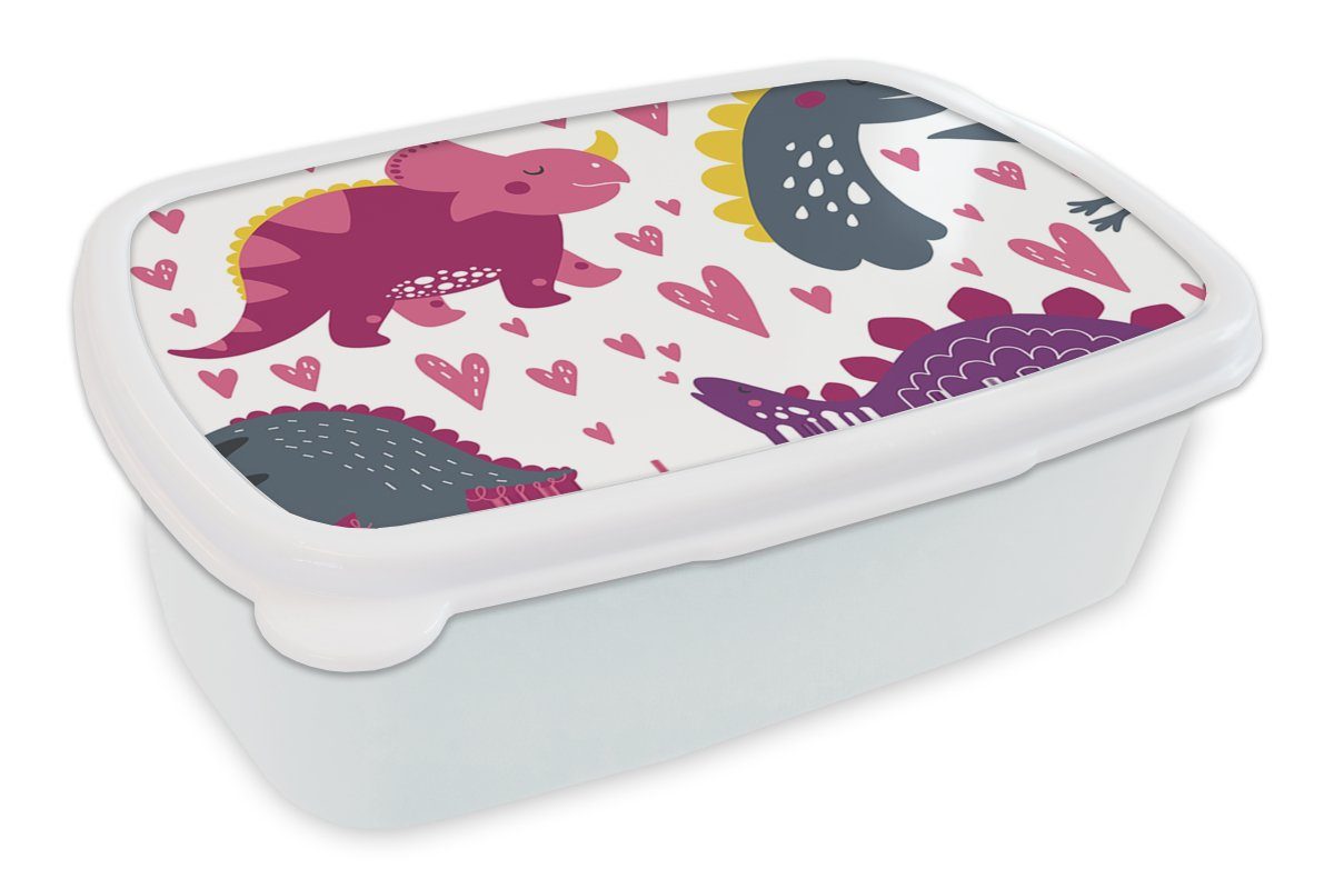 MuchoWow Lunchbox Dino - Herz - Muster - Rosa - Mädchen - Dinosaurier, Kunststoff, (2-tlg), Brotbox für Kinder und Erwachsene, Brotdose, für Jungs und Mädchen weiß