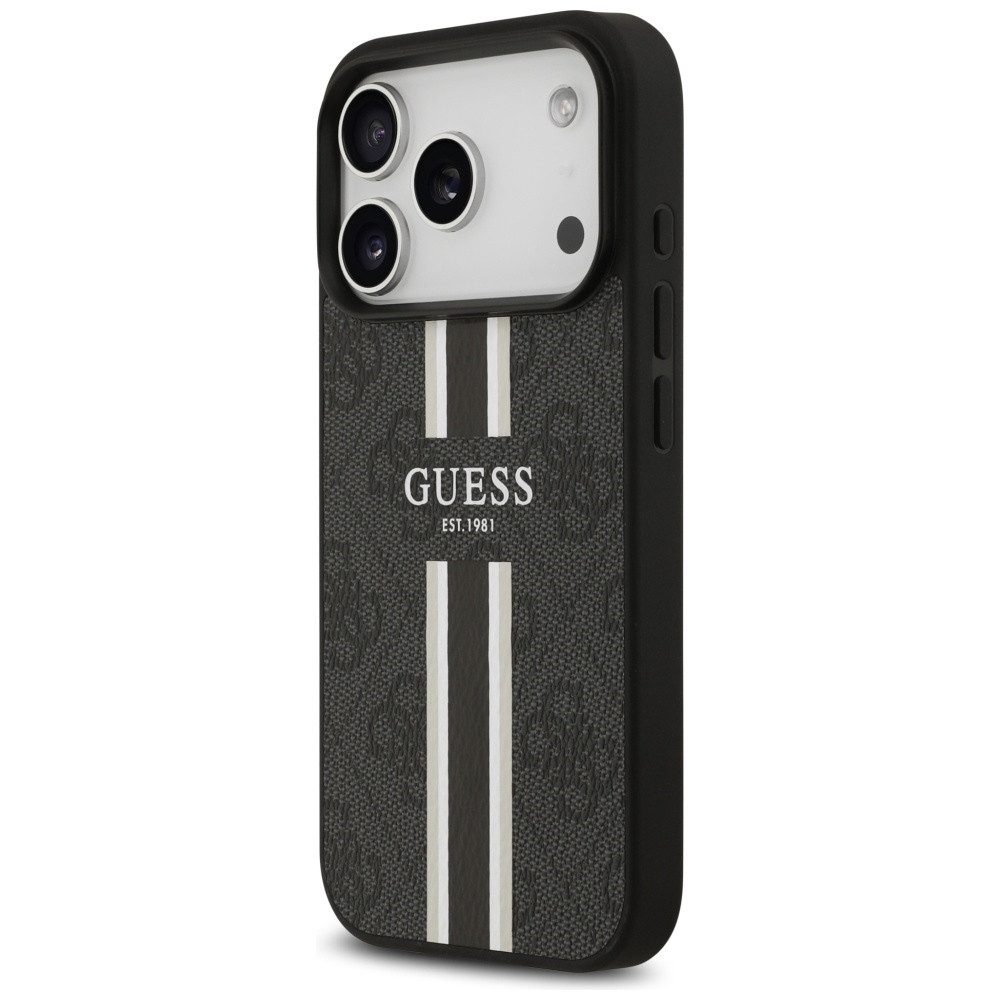 Guess Handyhülle Case iPhone 17 Pro MagSafe Kunstleder grau Logo Streifen 6,3 Zoll, Kantenschutz