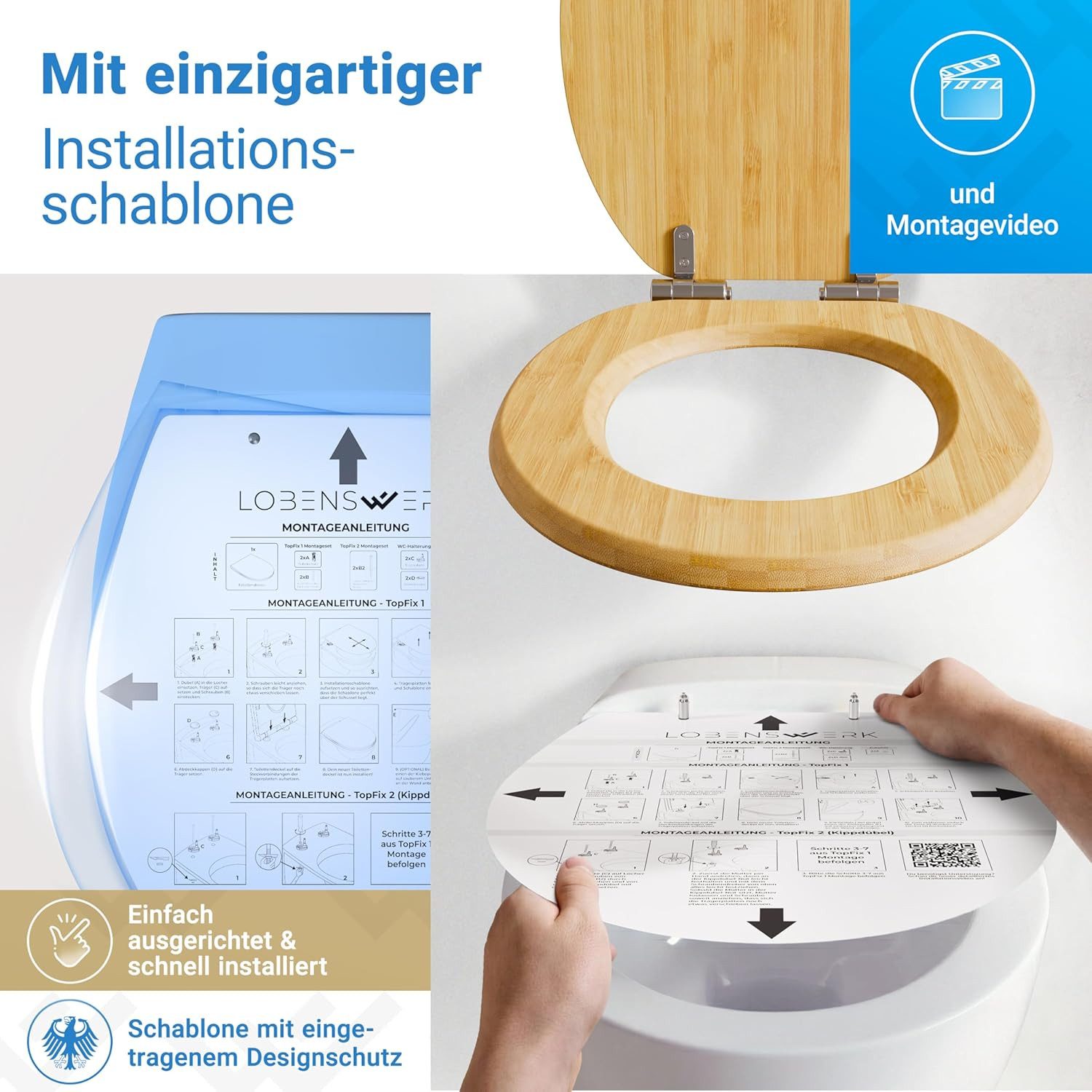 Lobenswerk WC-Sitz Toilettendeckel mit Absenkautomatik, Klodeckel, Klobrille, SoftClose, antibakteriell, UV-beständig, inkl. Installationsschablone – Bild 4 von 5
