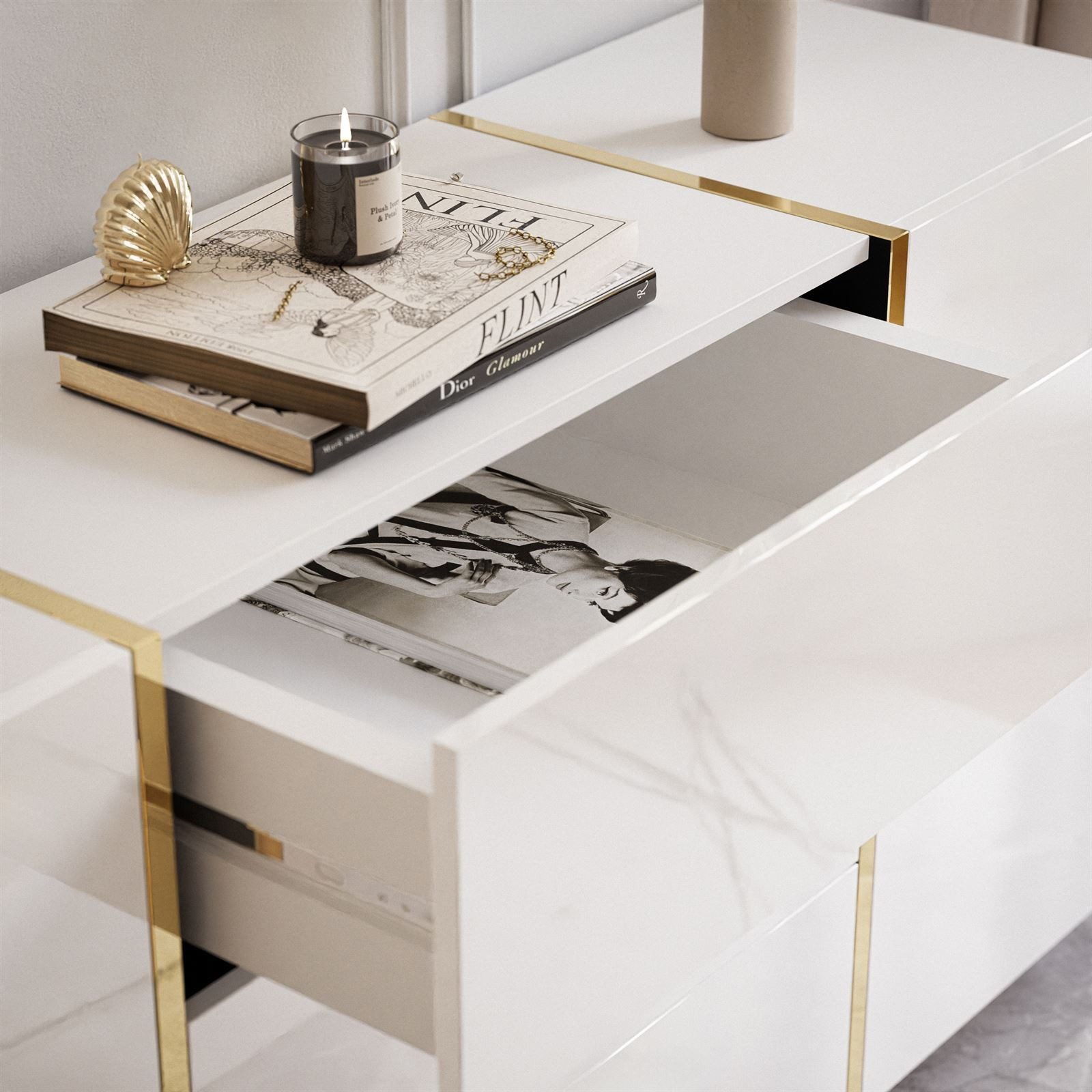 Lookway Kommode ONYX goldene Beine Hochglanz Push-Open / Goldgriffe 158 cm